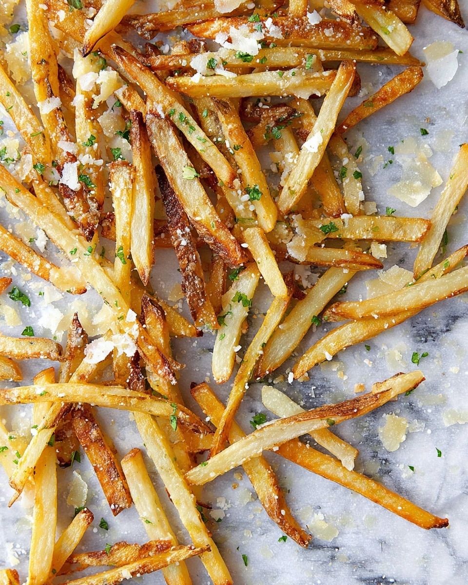 Thin golden brown fries are spread unevenly across a white marbled surface lined with baking paper. The fries have a mix of crispy edges and tender centers, showing shades of light yellow to dark brown. Scattered evenly on top are small thin white cheese flakes and small chopped green herbs that add fresh color contrast. The scene looks casual and appetizing with the fries taking up most of the space in the image photo taken with an iphone --ar 4:5 --v 7
