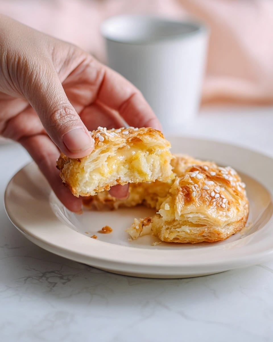 A woman's hand is picking up a round, flaky pastry from a white plate. The pastry is light golden brown with a slightly crispy, layered texture and sprinkled with white sesame seeds on top. The inside of the pastry is soft and filled with a light yellow filling that looks moist and smooth. The plate is on a white marbled surface, and in the background, there is a white cup that is out of focus. Photo taken with an iphone --ar 4:5 --v 7
