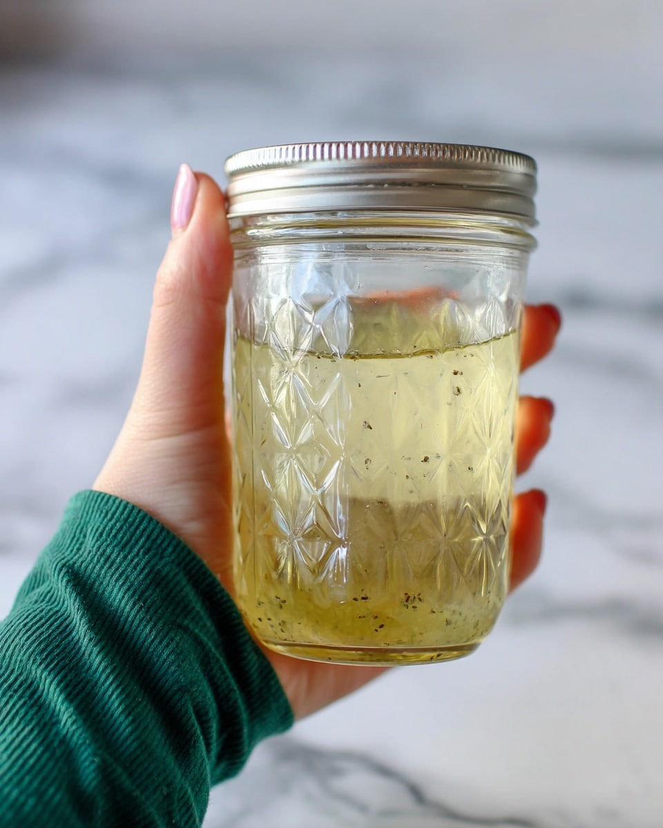 A woman's hand wearing a green sleeve holds a clear glass jar with a metal lid. The jar contains a light yellow liquid with small dark specks floating inside. The glass has a textured diamond pattern on the outside and the background shows a white marbled surface softly blurred. Photo taken with an iphone --ar 4:5 --v 7