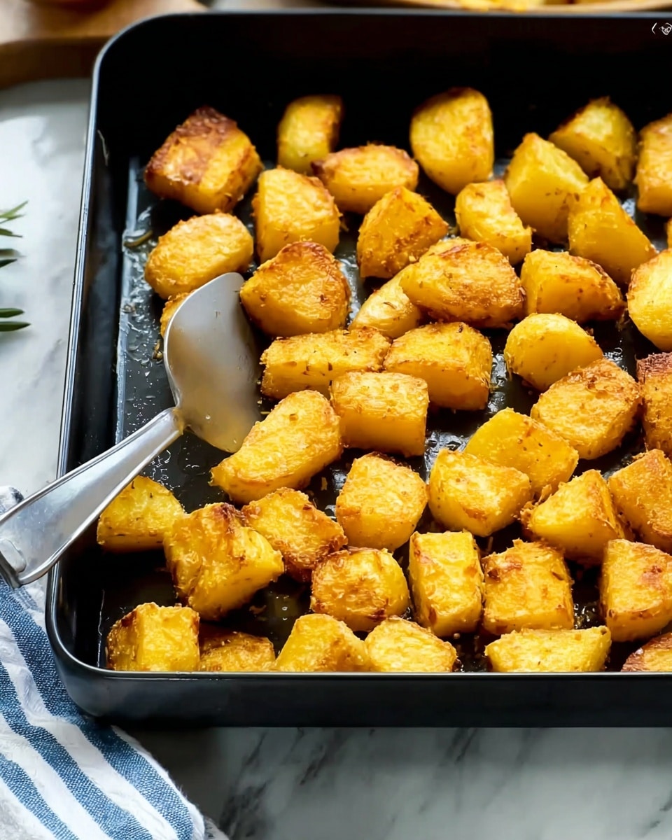 The image shows a black rectangular baking tray filled with golden brown potato pieces. Each potato piece is roughly the same size, with a crisp and slightly rough texture that reflects the light. The pieces are spread over the tray in one layer, some overlapping slightly. A metal spatula is resting inside the tray towards the left side, partly under the potatoes. In the background, there is a folded white and blue striped cloth on a white marbled surface. photo taken with an iphone --ar 4:5 --v 7