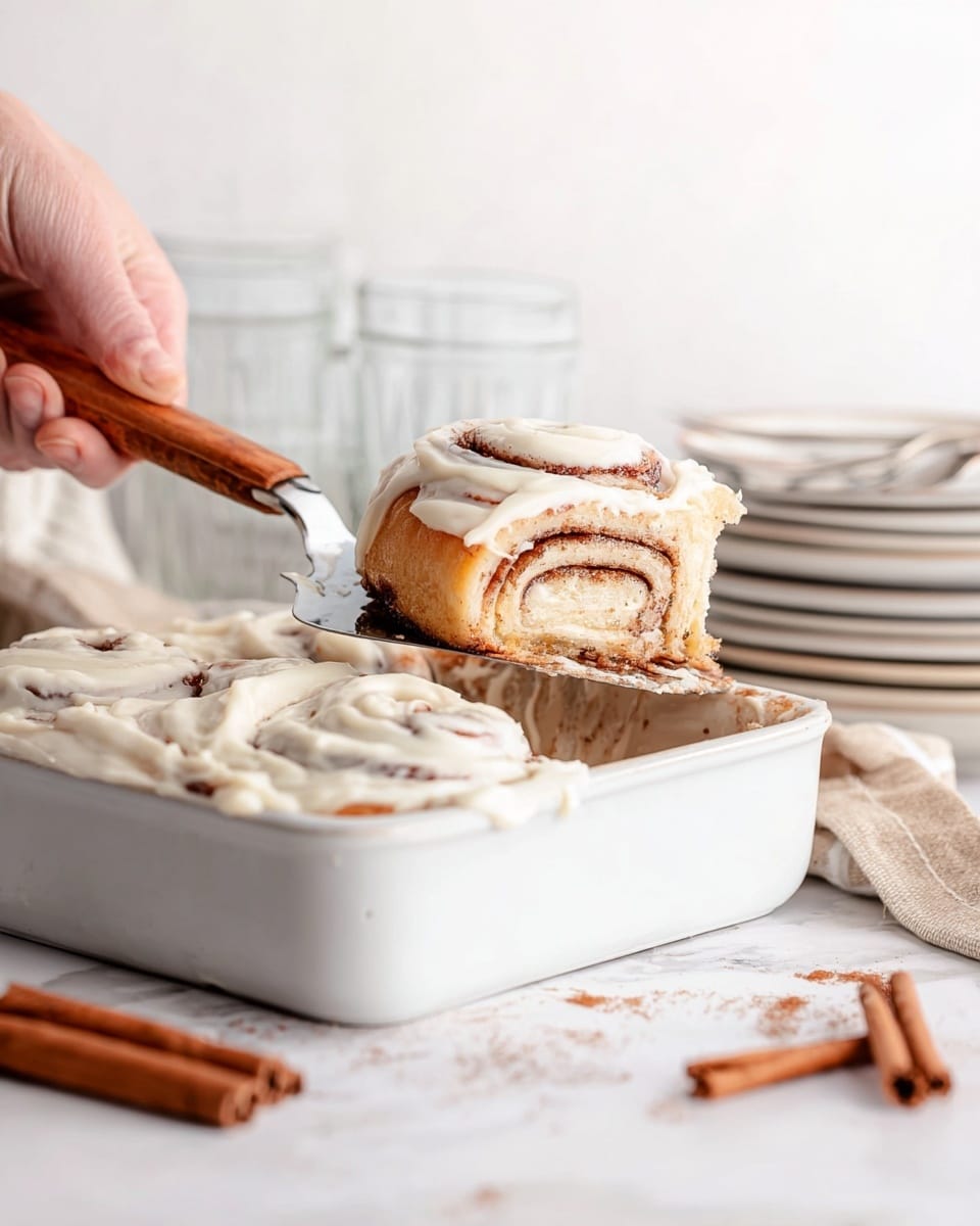 A slice of cinnamon roll with three visible swirled layers of light brown dough and cinnamon filling is being lifted by a woman's hand holding a wooden-handled spatula. The cinnamon roll is thickly covered with creamy white icing that spreads unevenly on the top and sides. The roll sits in a white square ceramic dish, with the remaining roll showing the same white icing on a white marbled surface. In the background, there are three upside-down clear glasses, a stack of white plates on the right, cinnamon sticks, and some scattered utensils. Photo taken with an iphone --ar 4:5 --v 7