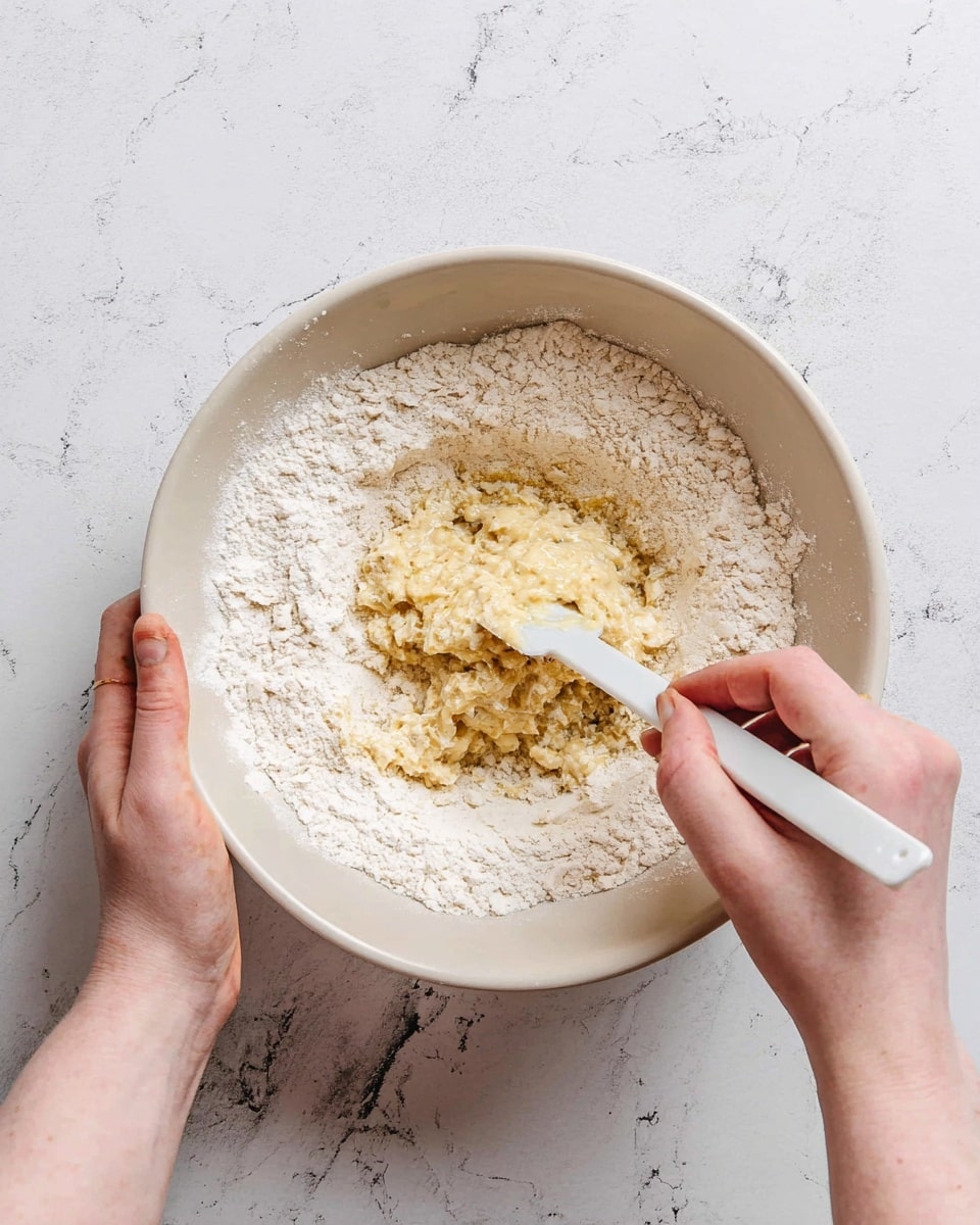 A white bowl holds three layers, starting with a base of light beige flour spread around the edges. In the middle, there is a slightly sticky, pale yellow mixture with a soft, uneven texture, partially sitting on top of the flour. A white spatula is mixing the two layers together. A woman's left hand is steadying the bowl on the left side, while her right hand holds the spatula inside the bowl on the right side. The bowl sits on a white marbled surface. photo taken with an iphone --ar 4:5 --v 7