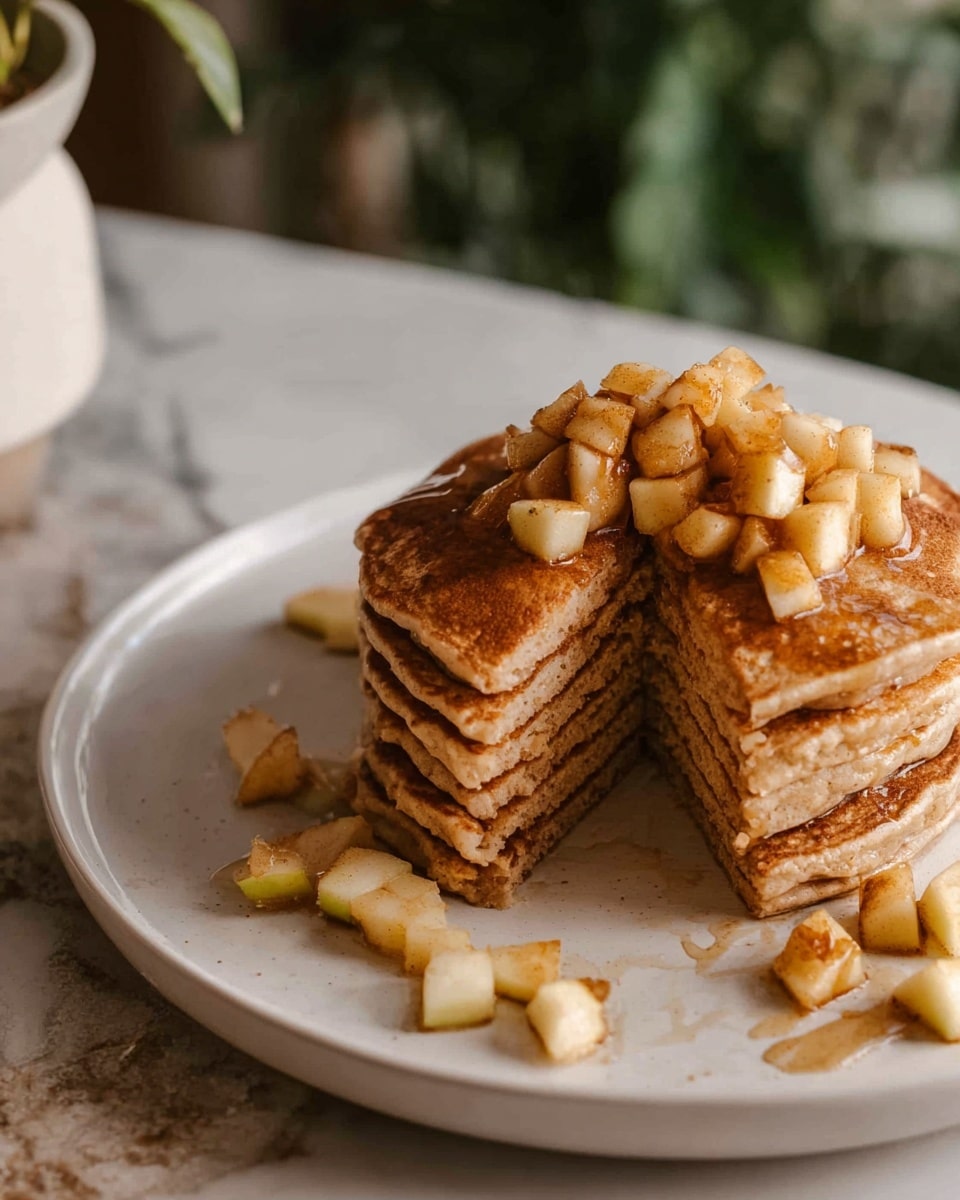 A stack of seven golden brown pancakes sits in the center of a white plate on a white marbled surface. The pancakes are thick and fluffy, with slightly darker edges and a soft texture. On top of the stack is a small pile of diced cooked apples, golden and shiny with a light glaze. More diced apples surround the base of the stack, and there is a small pool of honey or syrup near them, glistening softly. The background shows a hint of a green plant in a black pot and a soft gray cloth casually draped nearby. photo taken with an iphone --ar 4:5 --v 7