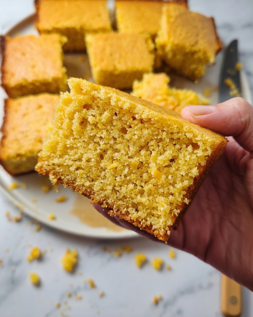 A woman's hand is holding a square piece of yellow cornbread with a crumbly texture and small air holes inside. The cornbread has a golden brown crust on top and edges, showing it is baked well. In the background, there is a white plate with more pieces of cornbread and crumbs scattered around, placed on a white marbled surface. A knife is partially visible next to the plate, suggesting the cornbread was freshly sliced. photo taken with an iphone --ar 4:5 --v 7
