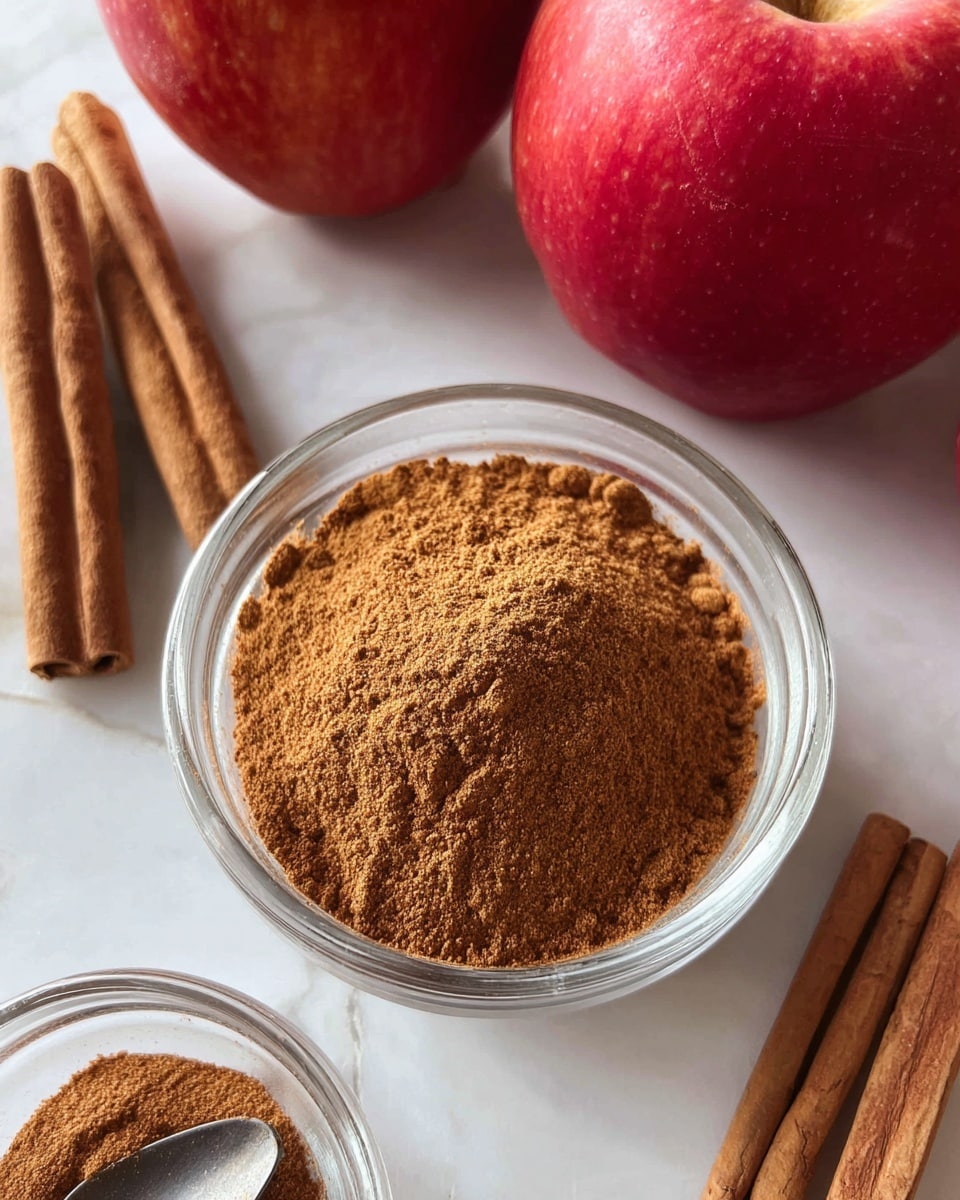 A close-up image shows a clear glass bowl full of finely ground cinnamon powder with a slightly rough texture, positioned at the center on a white marbled surface. Surrounding the bowl are two fresh red apples with a shiny skin, placed partly in the background, and several whole cinnamon sticks with a smooth but textured brown surface, lying horizontally to the left and right of the bowl. Another smaller clear glass bowl is visible at the bottom edge of the image, partly filled with more cinnamon powder and containing a silver spoon resting inside. The scene is bright and clear, focusing on the warm brown tones of the cinnamon and the natural red of the apples photo taken with an iphone --ar 4:5 --v 7