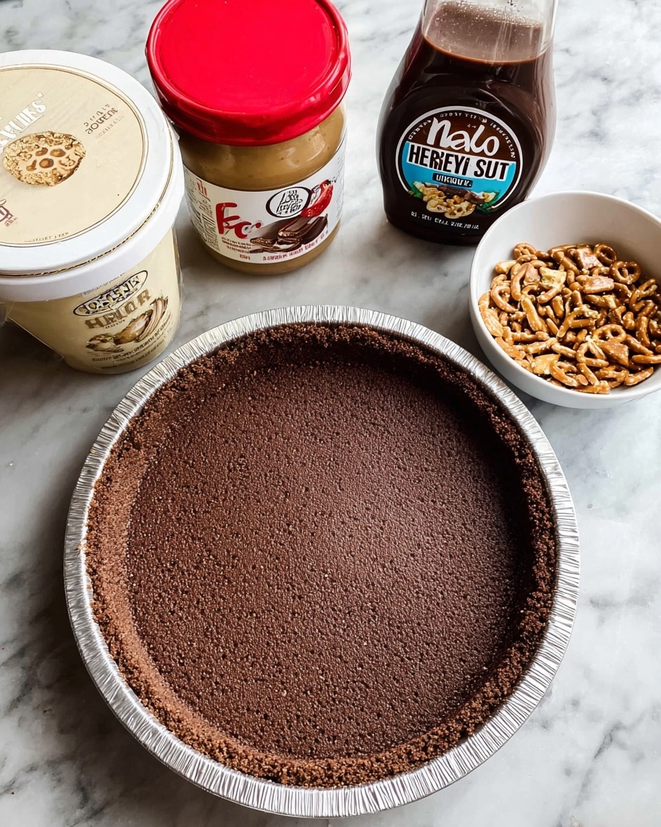 A close-up image shows an empty chocolate pie crust in a round metal tin at the center, with a dark brown crumbly texture. Around it on a white marbled surface, there are three jars: a white and beige Halo Top vanilla bean ice cream tub on the left, a jar of unsalted old fashioned creamy organic peanut butter with a red lid in the middle, and a Hershey’s Zero Sugar chocolate syrup bottle on the right. Next to the chocolate syrup, there is a small white bowl filled with broken pretzel pieces. Photo taken with an iphone --ar 4:5 --v 7