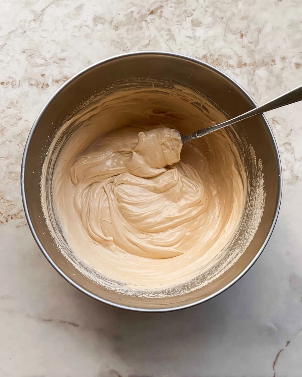 A round stainless steel mixing bowl sits on a white marbled surface, containing a light brown creamy mixture that looks smooth and thick. A metal spoon rests inside the bowl, partially stuck into the mixture, with swirls and soft folds visible on the surface of the cream. The inside of the bowl shows traces of the mixture, giving a sense that it has been stirred recently. Photo taken with an iphone --ar 4:5 --v 7
