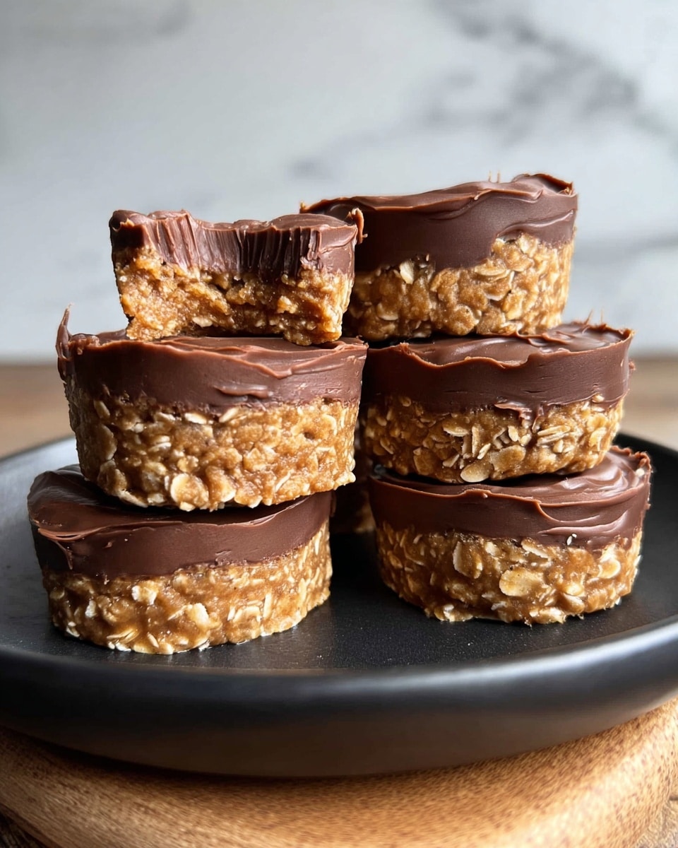 The image shows five small round treats stacked on a black plate sitting on a wooden board with a white marbled background. Each treat has two layers: the bottom layer is thick, light brown with visible oat flakes giving a rough texture, and the top layer is smooth, dark brown chocolate spread evenly. One treat on the left has a bite taken out, revealing the oat base and chocolate top inside. The chocolate on the top has slight waves and a shiny finish, making it look fresh and rich. photo taken with an iphone --ar 4:5 --v 7