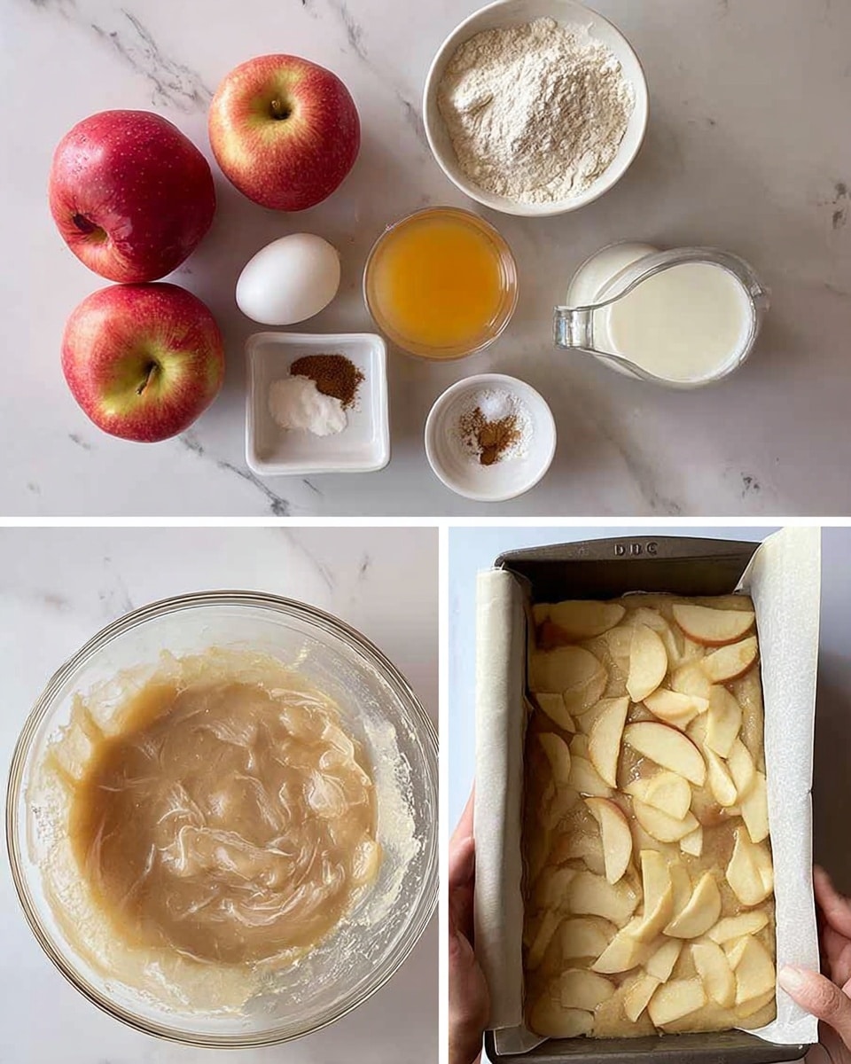 The collage shows three images: the first image has ingredients arranged neatly on a white marbled surface, including three red apples, a white bowl with three raw eggs, a glass cup with orange liquid, a small white bowl with white powder and brown spice, a white cup with flour, a glass measuring cup with milk, and a bottle of vanilla extract. The second image shows a clear glass bowl with thinly sliced apples mixed with a light beige batter, with visible texture and some air bubbles. The third image features a rectangular baking pan lined with parchment paper filled with the same light brown batter with apple slices peeking through, held by a woman’s hand at the bottom right corner. The background is a white marbled surface. Photo taken with an iphone --ar 4:5 --v 7