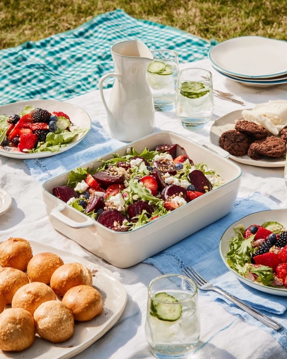 A white rectangular baking dish in the center of the image holds a colorful layered salad made of dark red beets, bright red tomatoes, white crumbled cheese, and fresh green leaves, topped with small pieces of nuts or seeds. In front of the dish, to the left, there is a white rectangular plate filled with round golden-brown pastries arranged in rows. To the back right, two white round plates each have portions of the same colorful beet salad beside light brown bread rolls and fresh green leaves. Another white round plate in the top center has several dark brown cookies beside a few strawberries and blackberries. A white ceramic pitcher and two clear glasses with water and cucumber slices sit in the back on a white marbled surface. The setting is an outdoor picnic with a blue and green checkered blanket under the dishes. Photo taken with an iphone --ar 4:5 --v 7
