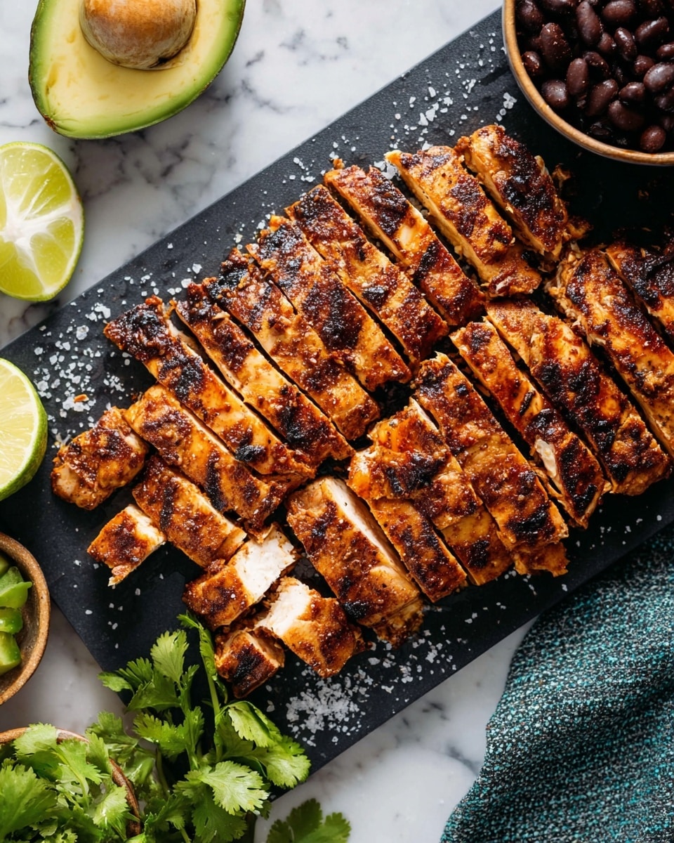 A large piece of grilled chicken is sliced into many small squares and rectangles, showing the golden brown and slightly charred skin with a crispy texture on top, and the white juicy meat inside. It is arranged on a black cutting board with salt sprinkled around. To the left, there is a half-cut avocado with a green and yellow inside and a slice of lime beside it. In the top right corner, some black beans are partly visible in a bowl, and there are green cilantro leaves in the bottom left and a textured gray-blue cloth in the bottom right, all set on a white marbled surface. photo taken with an iphone --ar 4:5 --v 7