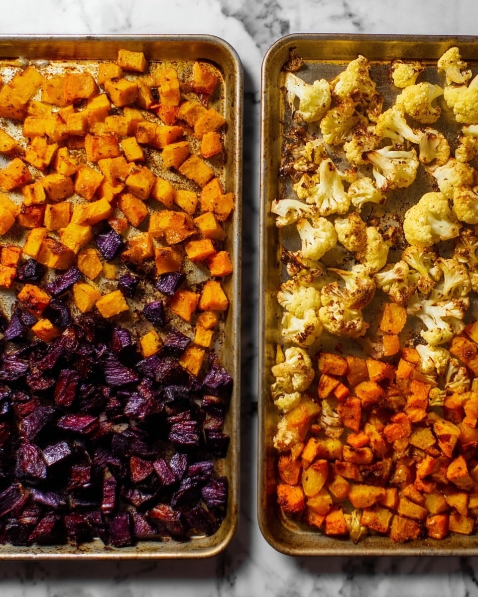 The image shows two baking trays filled with roasted vegetables. The left tray has two layers: the top layer with golden orange diced pieces and the bottom layer with deep purple diced pieces, both with a slightly crispy texture. The right tray has two layers as well: the top layer with light golden roasted cauliflower florets with some browned edges, and the bottom layer with bright orange diced pieces with a slight brownness. Both trays rest on a white marbled surface, highlighting the colors and textures of the vegetables. photo taken with an iphone --ar 4:5 --v 7