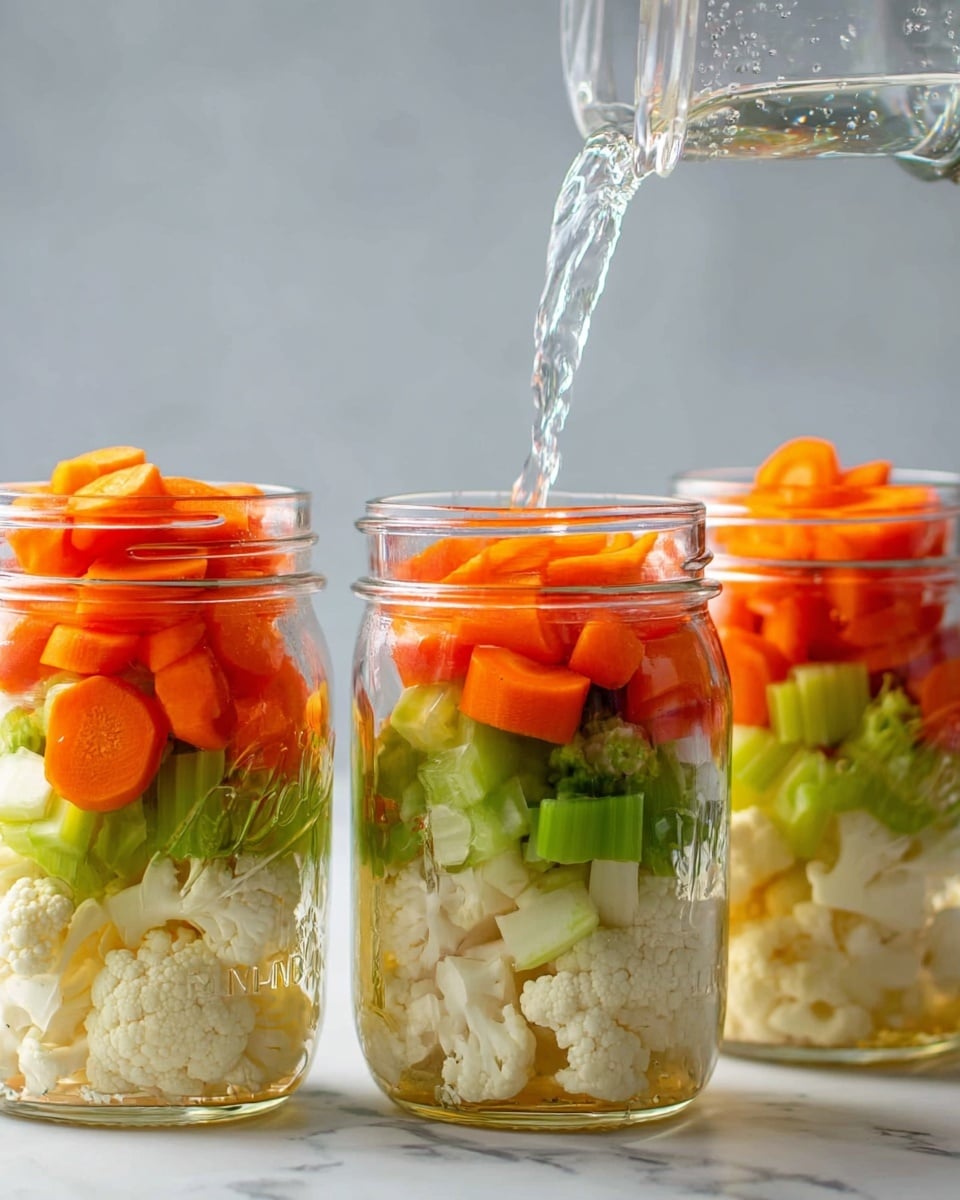 The image shows three clear glass jars filled with colorful vegetables. Each jar has multiple layers starting at the bottom with bright orange carrot slices, followed by creamy white cauliflower pieces mixed with light green celery slices, and topped with more celery and carrot bits. The jar in the middle has water being poured inside from a clear container, with the water catching light and looking fresh. The jars sit on a white marbled surface with a soft, blurred background. Photo taken with an iphone --ar 4:5 --v 7