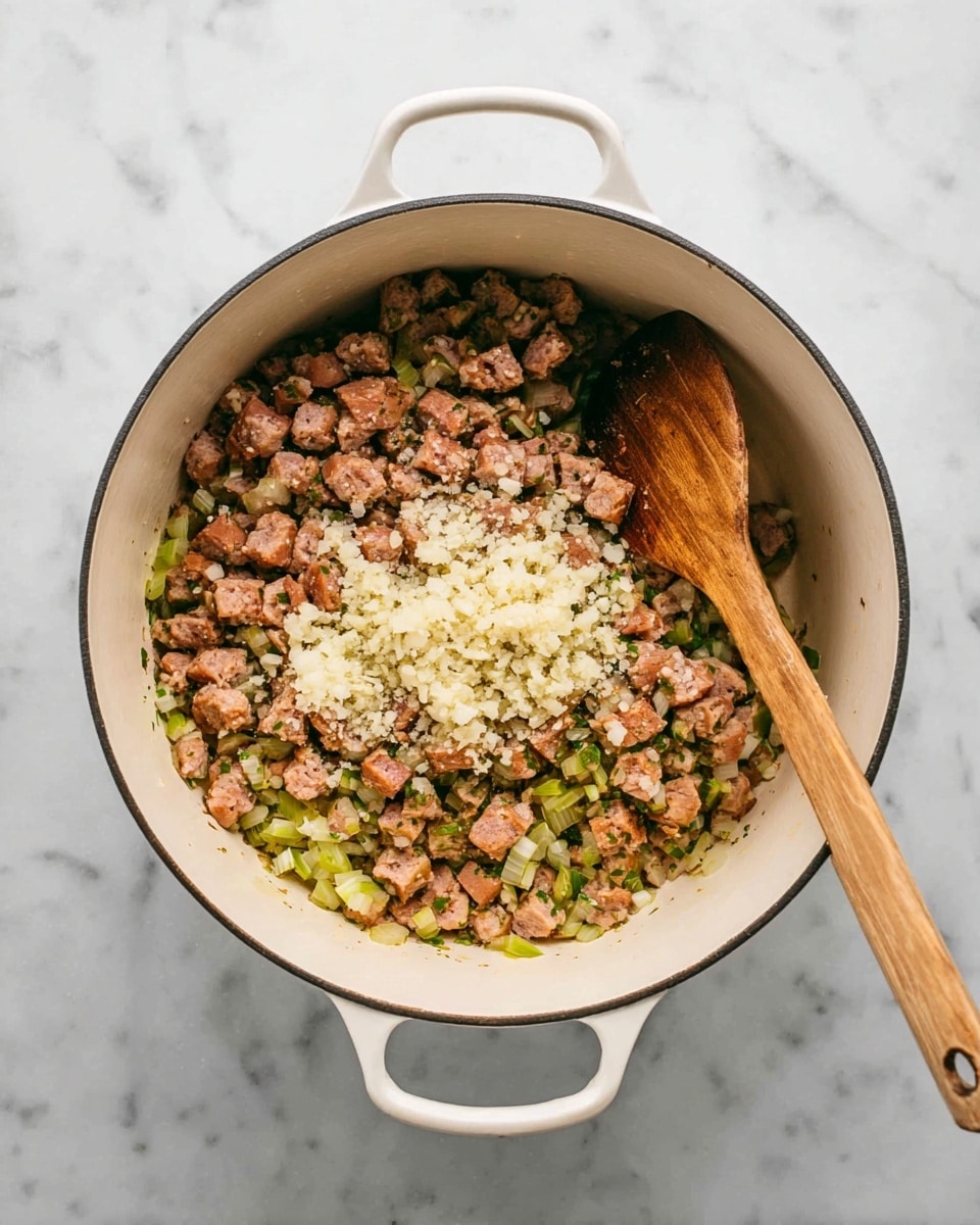A white pot filled with a mix of three main layers: the bottom layer is finely chopped light green and white onions and celery, the middle layer is a generous amount of browned small sausage chunks with a pinkish brown color, and the top layer shows a pile of pale finely chopped garlic on one side, all being stirred with a wooden spoon that rests inside the pot. The pot is placed on a white marbled surface. photo taken with an iphone --ar 4:5 --v 7