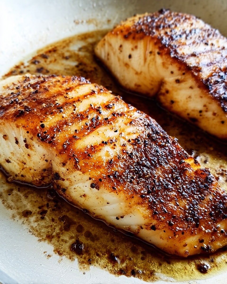 The image shows two fillets of cooked fish with a golden-brown surface and dark grill marks. The fish has a slightly crispy texture with black pepper and small dark spots from roasting. The fillets rest close to each other on a white pan with brown oil and browned bits around. The background is a white marbled texture. photo taken with an iphone --ar 4:5 --v 7