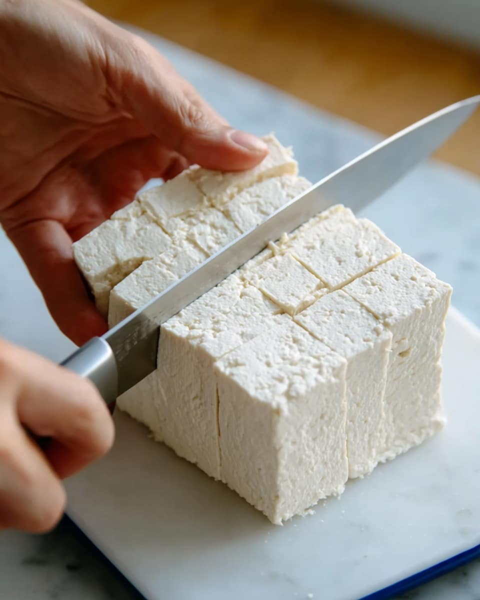 A close view of a woman's hand holding a white block of tofu that is being sliced with a knife. The tofu has a soft and slightly crumbly texture with visible square cuts forming a grid on top and the sides. The background shows a white marbled surface below and a white tray with a blue rim. The lighting is natural and bright, highlighting the details in the tofu and the skin tone of the woman's hand photo taken with an iphone --ar 4:5 --v 7