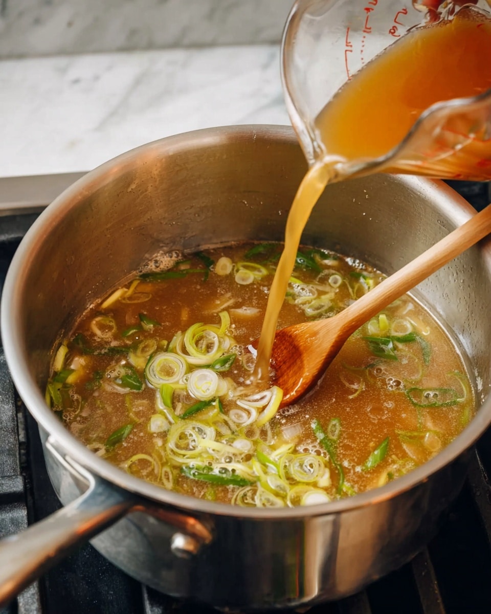 A silver pot sits on a stove with a woman's hand holding a wooden spoon inside, stirring thinly sliced green onions and light brown liquid that is being poured from a glass measuring jug into the pot. The broth appears slightly thick and bubbling, with floating green onion slices scattered throughout. The background has a white marbled texture. photo taken with an iphone --ar 4:5 --v 7