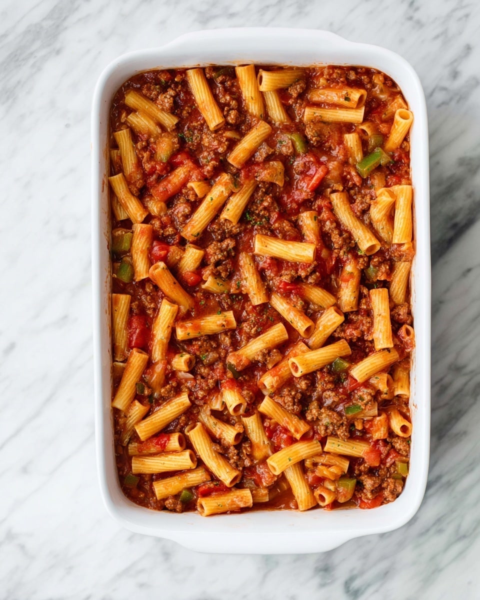 A white rectangular baking dish filled with one even layer of tubular pasta mixed with chunks of browned ground meat and diced green and red vegetables, all coated in a rich red tomato sauce with visible herbs and a slightly glossy texture; the dish is placed on a surface with a white marbled texture photo taken with an iphone --ar 4:5 --v 7