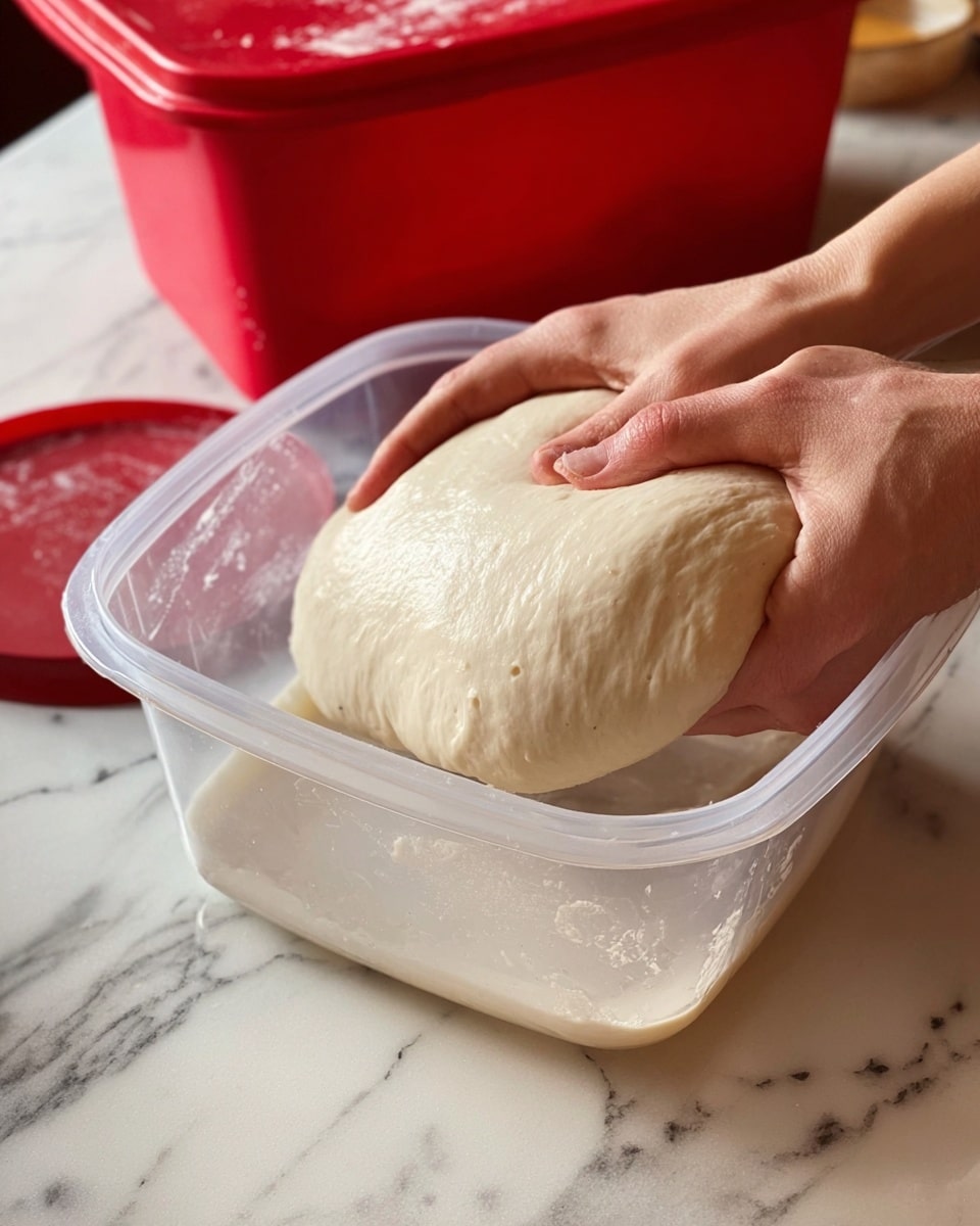 A close-up view shows a pair of hands gently lifting a smooth, soft dough from a clear plastic container. The dough is pale with a slightly shiny, elastic surface and a few small air bubbles, stretching slightly between the hands. The container is set on a white marbled countertop, and a red-lidded plastic container can be seen in the background. The hands appear careful and relaxed, holding the dough just above the container’s edge. Photo taken with an iphone --ar 4:5 --v 7