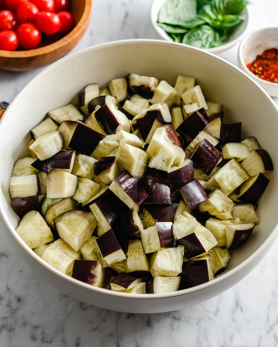 A close-up of a large white bowl filled with chopped eggplant pieces, showing both the light creamy inside and the dark purple skin, all cut into small cubes. The bowl sits on a white marbled surface. In the background, there is a small wooden bowl with red spices and a small white bowl with fresh green basil leaves, along with part of another white bowl filled with red cherry tomatoes. Photo taken with an iphone --ar 4:5 --v 7