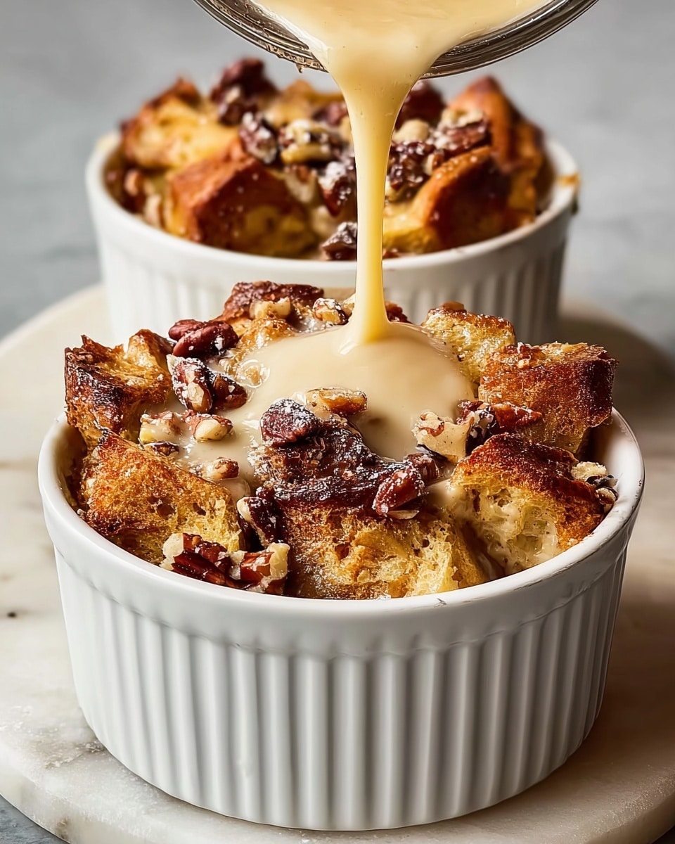 The image shows four white ceramic ramekins filled with a textured bread pudding. Each ramekin has a visible top layer of golden brown, toasted bread chunks with a slightly crispy surface. Scattered on top are whole pecans that add a dark, glossy brown contrast. Powdered sugar is lightly dusted over the bread and pecans, giving a snowy effect. In the foreground, a creamy beige sauce is being poured from a white pitcher over the bread pudding, pooling around the pecans and soaking into the bread pieces. The ramekins rest on a wooden board atop a white marbled surface. Photo taken with an iphone --ar 4:5 --v 7