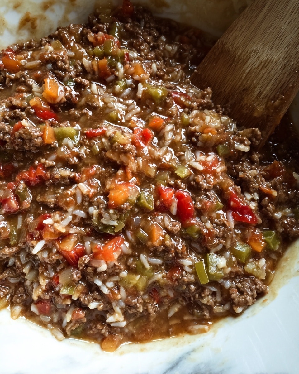 A close-up view of a thick stew in a white bowl showing one layer, filled with browned ground meat, white rice grains, and diced vegetables in a rich, brown sauce. The vegetables include red chunks, orange pieces, and green bits, creating a mixed texture with a slightly shiny and moist appearance. A wooden spatula rests on the right side, partly submerged in the stew, on top of a white marbled surface. Photo taken with an iphone --ar 4:5 --v 7