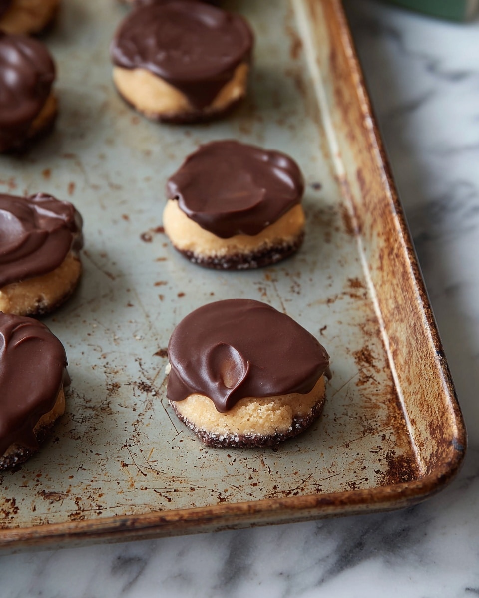 Several small round treats are placed on an old, scratched baking sheet with a rough and rusty texture. Each treat has three layers: the bottom layer is dark brown and uneven, appearing crispy; the middle layer is light tan with a smooth, creamy look slightly oozing over the edges; the top layer is glossy dark brown chocolate, giving a shiny finish. The treats are spaced out on the baking sheet, which sits on a white marbled surface in the background. Photo taken with an iphone --ar 4:5 --v 7