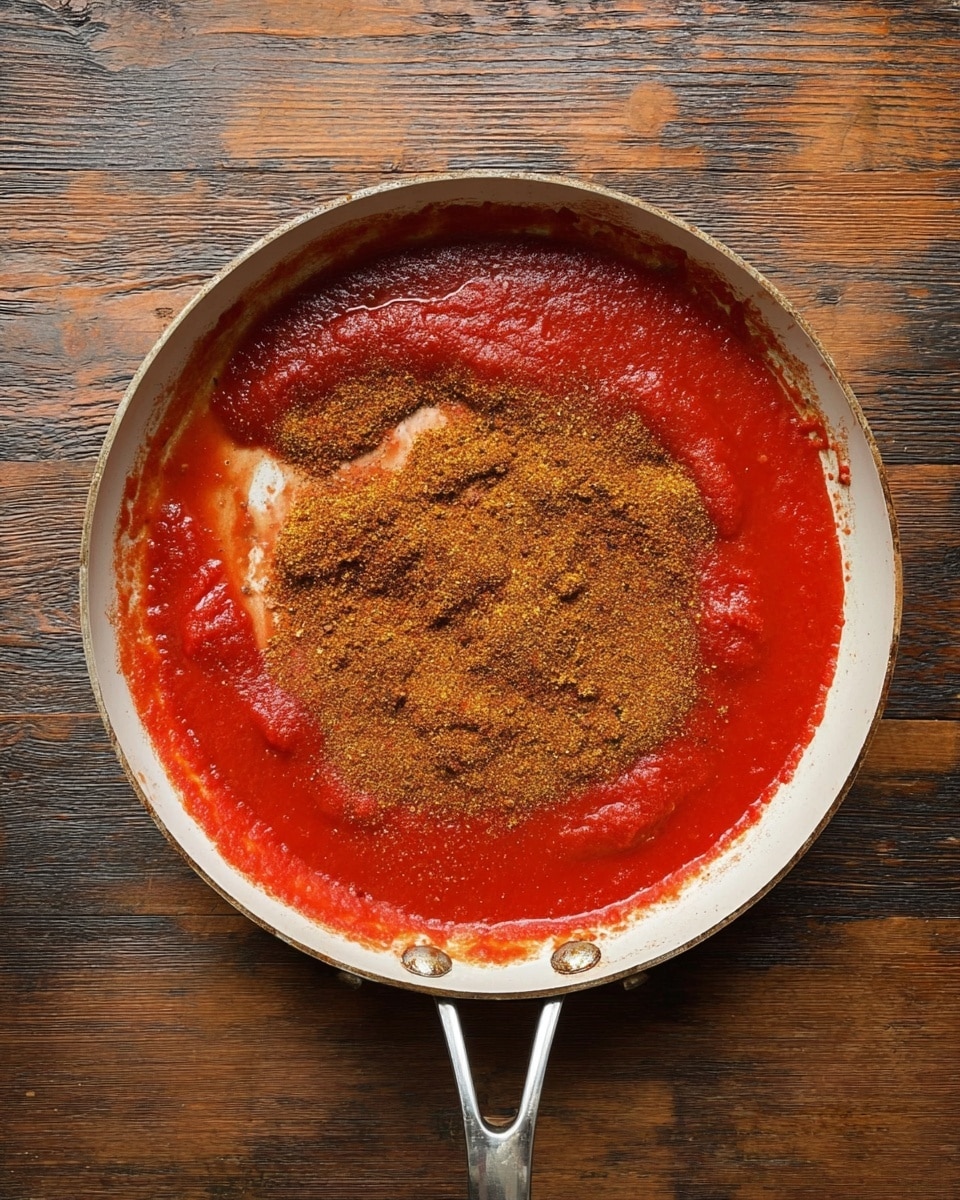 A white pan with a shiny metal handle shows a bright red layer of smooth tomato sauce spread evenly inside. On top of this sauce is a thick layer of mixed spices in various shades of brown and yellow, giving a textured, grainy look to the center of the pan. The edges of the tomato sauce remain clear and vibrant against the white surface of the pan. The pan sits on a wooden surface with a worn look, highlighting the colors and textures in the pan. photo taken with an iphone --ar 4:5 --v 7
