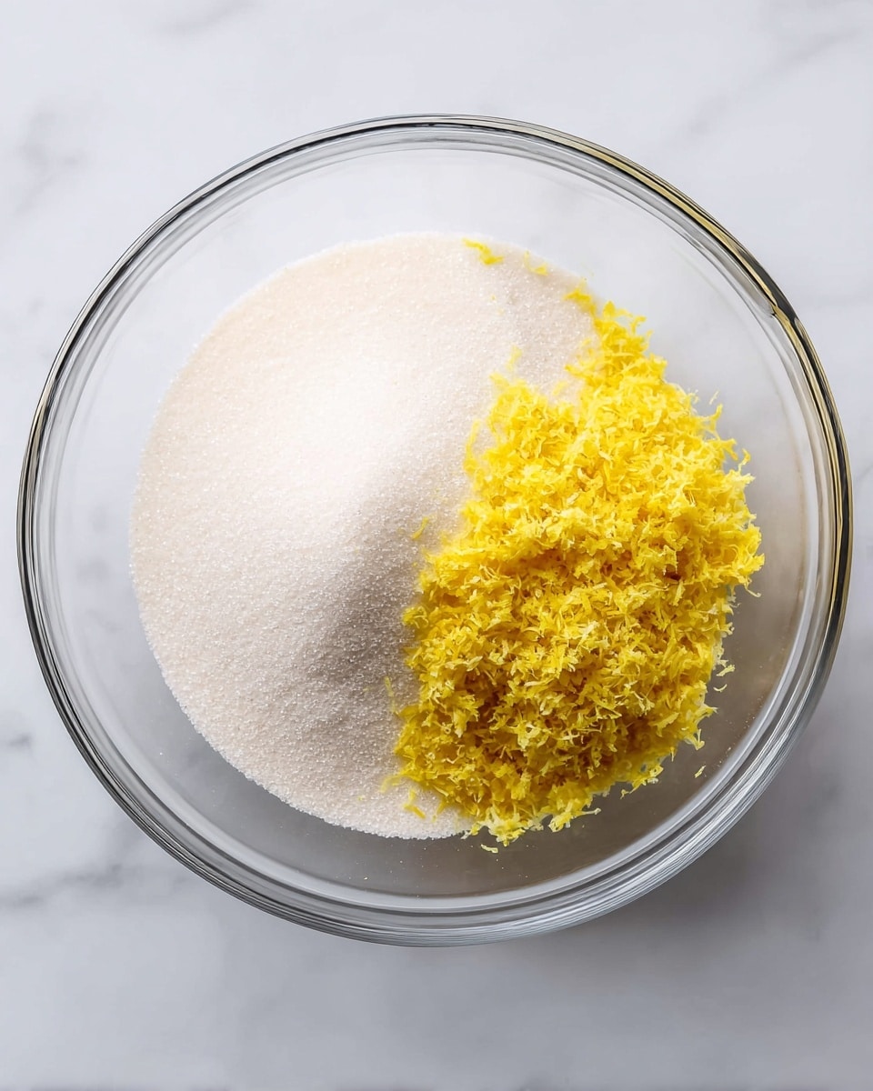 A clear glass bowl sits on a white marbled surface, containing two layers of ingredients. On the left side, there is a mound of fine white granulated sugar with a smooth, slightly rounded shape. On the right side, there is a pile of bright yellow lemon zest with a finely grated, fluffy texture that contrasts with the smooth sugar. The two layers are next to each other without mixing, showing distinct colors and textures. Photo taken with an iphone --ar 4:5 --v 7
