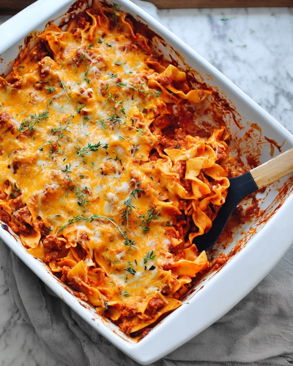 A white baking dish holds a layered casserole with a base of thick egg noodles covered with a rich, red tomato sauce mixed with ground meat. On top, melted orange cheddar cheese is spread unevenly with some fresh green thyme sprigs scattered over it. The edges of the baking dish show browned sauce marks, and a black spoon scoops out some noodle layers at one corner. The dish rests on a white marbled surface with a light gray cloth underneath photo taken with an iphone --ar 4:5 --v 7