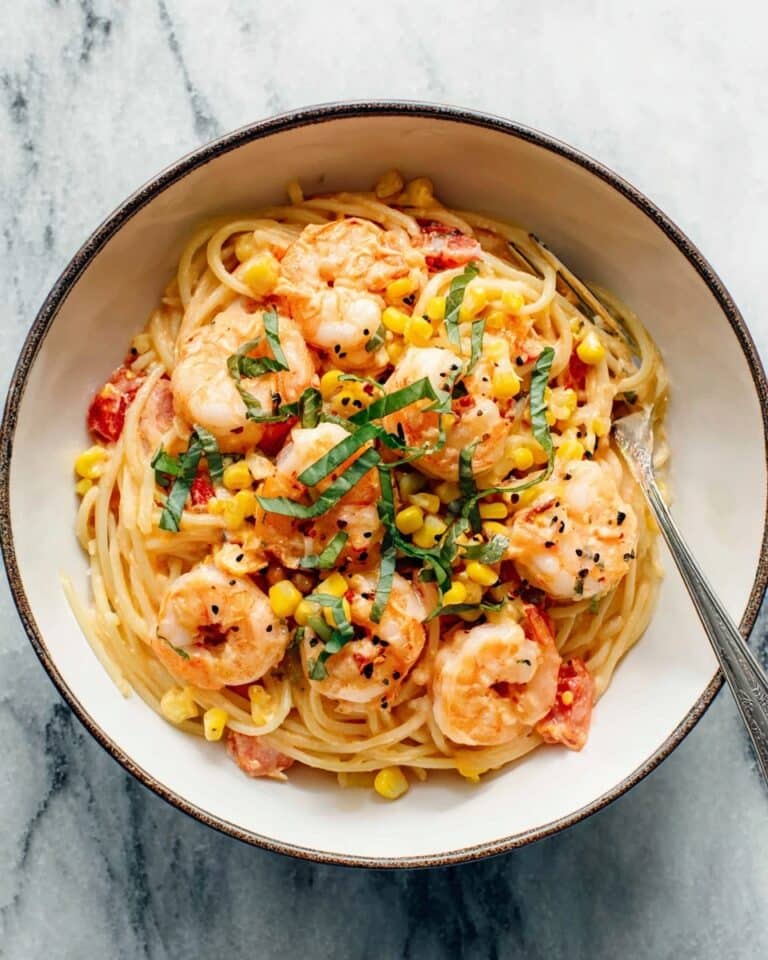 Creamy Shrimp Pasta with Corn and Tomatoes Recipe