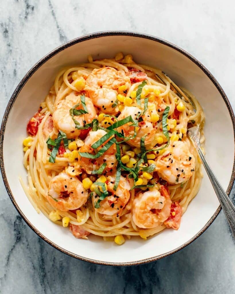 Creamy Shrimp Pasta with Corn and Tomatoes Recipe