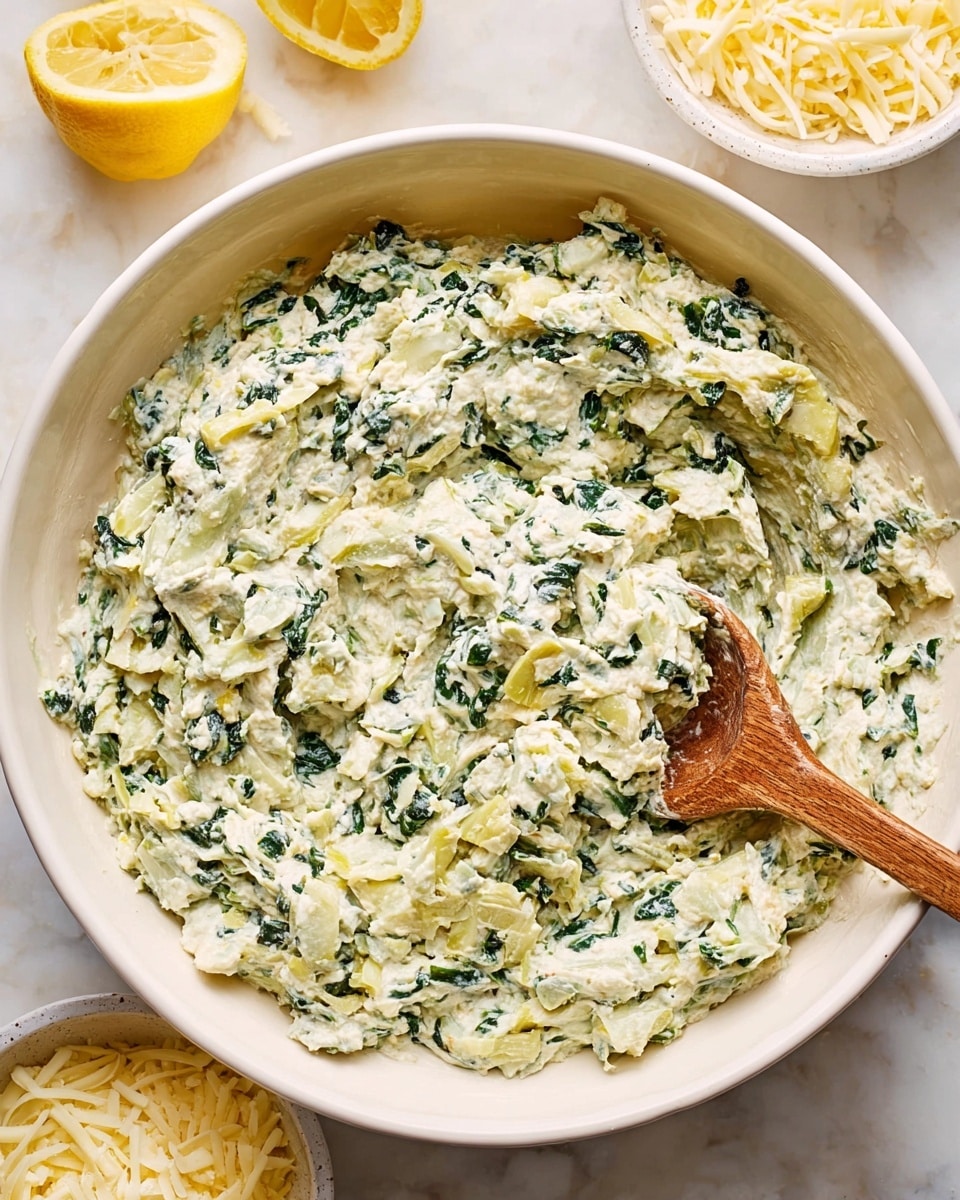 A close-up view of a creamy spinach artichoke dip inside a large white bowl. The dip has a mixed texture with visible small chunks of leafy green spinach and light yellow artichoke pieces, all blended with a smooth, pale creamy base. A wooden spoon is partially immersed in the thick dip, showing the mixture's soft and slightly coarse texture. Surrounding the bowl on a white marbled surface are a halved lemon and two small white bowls filled with shredded white and yellow cheese. The overall look is fresh and inviting, focusing on the dense, textured dip inside the bowl photo taken with an iphone --ar 4:5 --v 7