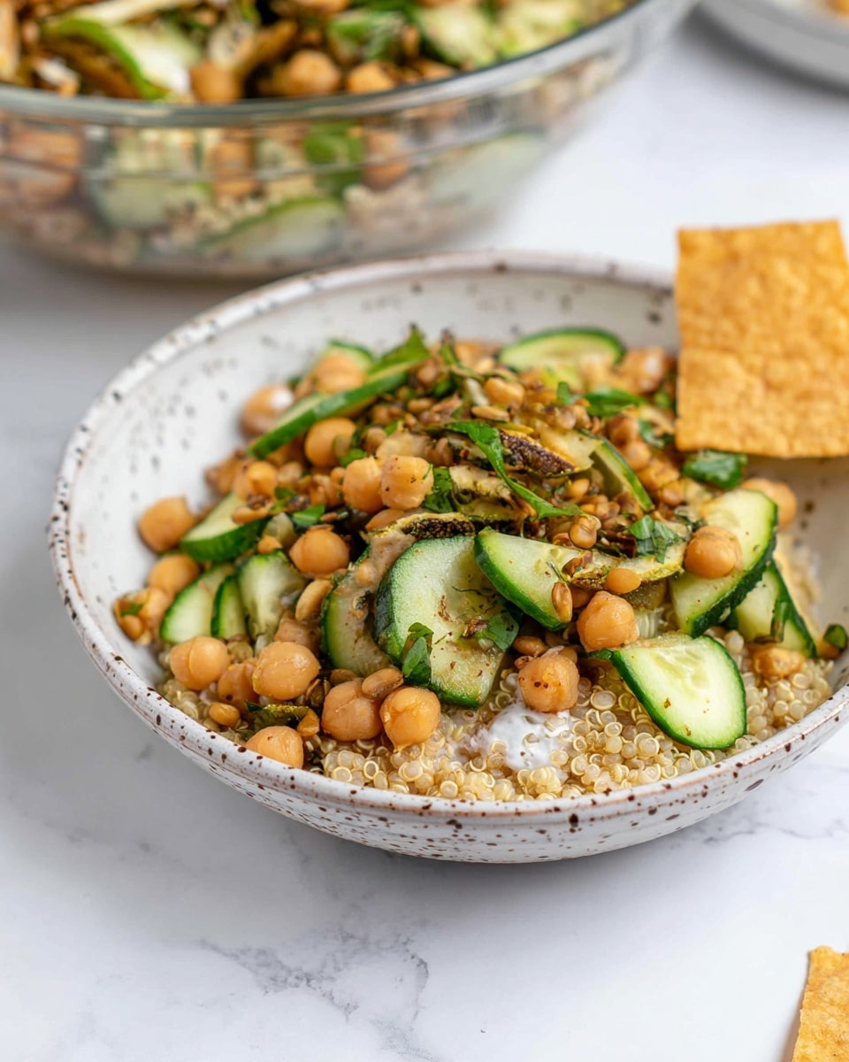 A close-up of a white ceramic bowl with a speckled rim filled with a layered dish. The bottom layer is light tan quinoa with a bit of texture. On top, there is a mixed salad of chickpeas and lentils in golden brown and beige shades. Among the chickpeas and lentils, there are green cucumber slices with dark green edges and some fresh chopped herbs scattered throughout. A piece of golden tortilla chip is also visible stuck in the quinoa near the edge of the bowl. In the background, a clear glass bowl holds more of the same salad on a white marbled surface. photo taken with an iphone --ar 4:5 --v 7