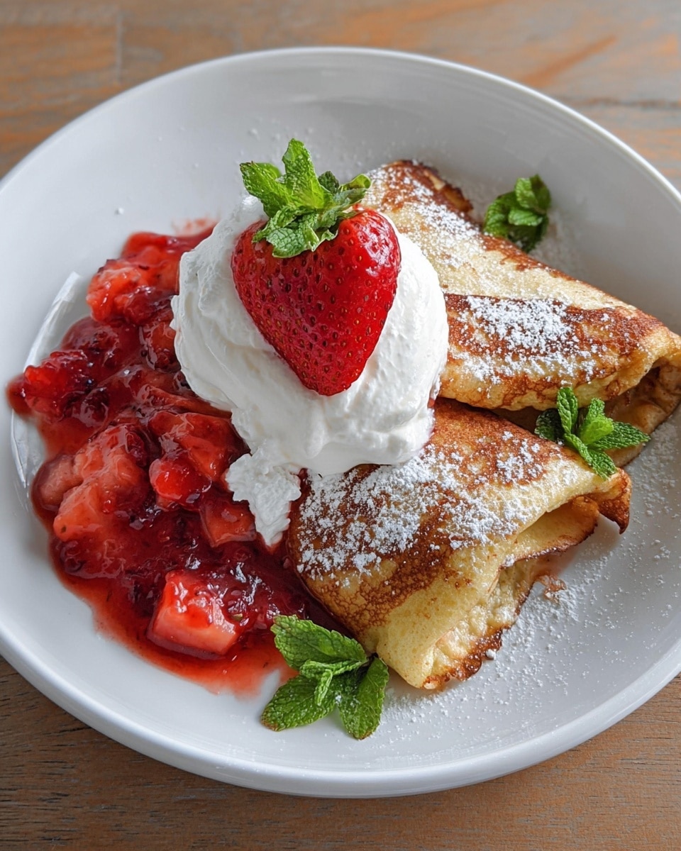 The image shows a white bowl with two folded golden-brown crepes in the center, lightly dusted with powdered sugar. On the left side of the crepes, there is a bright red strawberry sauce with chunks, spreading toward the middle. A large dollop of white whipped cream sits on top of the crepes, partly covered with the strawberry sauce. A sliced strawberry with green leaves is placed on the whipped cream, and a whole strawberry decorates the front of the crepes. Some mint leaves are placed nearby inside the bowl, which rests on a white marbled surface. photo taken with an iphone --ar 4:5 --v 7