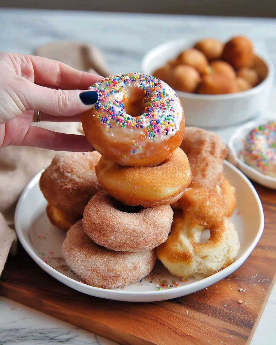 A white plate holds a stack of seven donuts arranged in two layers, with five donuts at the bottom and two on top. The bottom layer has varied donuts including two covered in light brown sugar, one with darker cinnamon coating, and two plain donuts with a light glaze. The top layer features a donut with shiny glaze and colorful rainbow sprinkles, and another with a light dusting of sugar. A woman's hand with dark blue nail polish is lifting the sprinkled donut from the plate. The plate sits on a wooden board, and in the blurred background, there is a white bowl with more round donut holes on a white marbled surface. Photo taken with an iphone --ar 4:5 --v 7