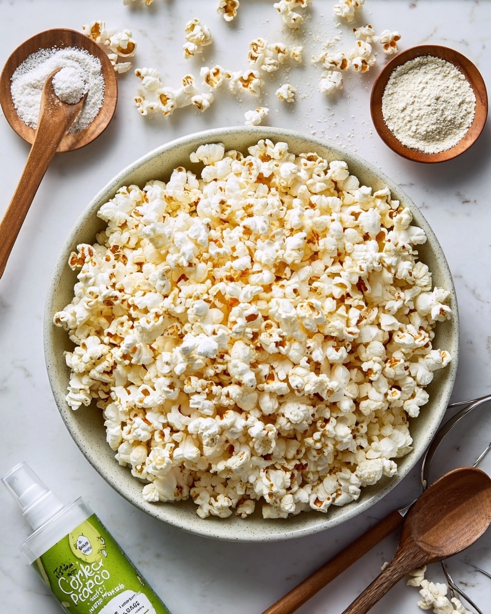 A large white ceramic bowl filled to the top with freshly popped popcorn, light yellow and white in color with fluffy, irregular shapes. Around the bowl, there are scattered pieces of popcorn on a white marbled surface. To the top right, two small round dishes hold white flour and a powdered seasoning mix. Below on the left side, two wooden and metal utensils rest on the surface. On the bottom right, a white bottle of avocado oil spray lies partially visible with green and white label details. The image is softly lit, showing textures and colors clearly. Photo taken with an iphone --ar 4:5 --v 7