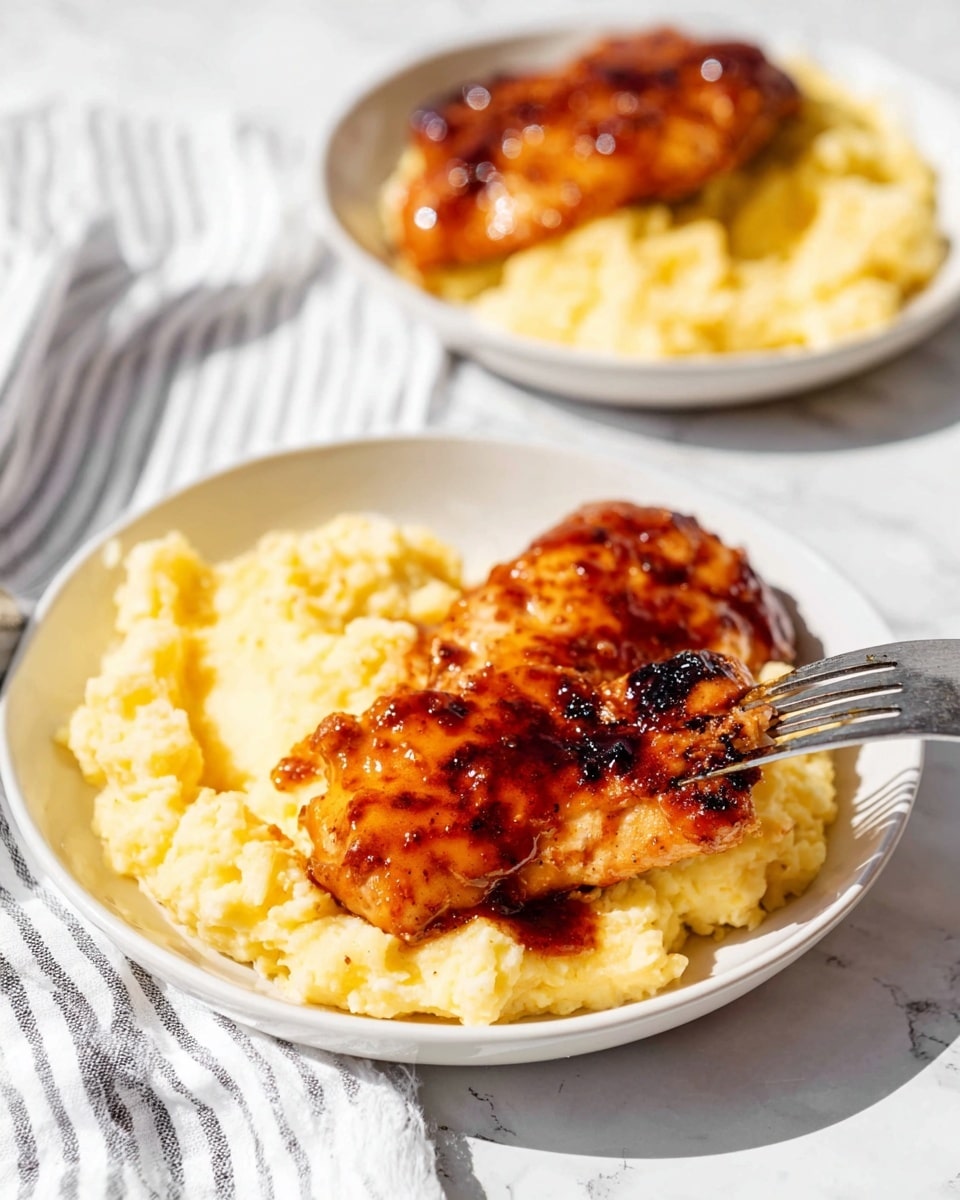 The image shows two white plates on a white marbled surface with a white and black striped cloth next to them. Each plate has two layers: the bottom layer is creamy yellow mashed potatoes with small lumps, showing a soft and slightly textured appearance. On top, there is a single piece of grilled chicken with a shiny, dark orange-brown glaze that looks sticky and caramelized, covering the chicken evenly with some darker charred spots. A silver fork is holding the chicken on the plate in the foreground. Photo taken with an iphone --ar 4:5 --v 7