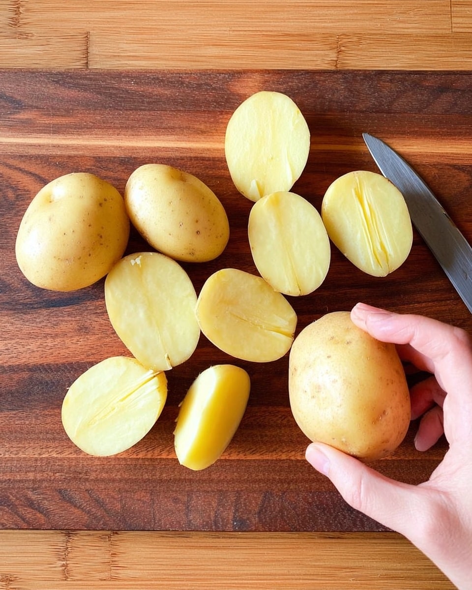 A woman's hand is holding a whole light yellow potato on a wooden cutting board, with a small knife nearby. Surrounding the hand are eight pieces of potato that have been cut into halves or quarters, revealing a smooth, pale yellow interior. The wood surface has a warm brown tone with visible grain patterns. photo taken with an iphone --ar 4:5 --v 7