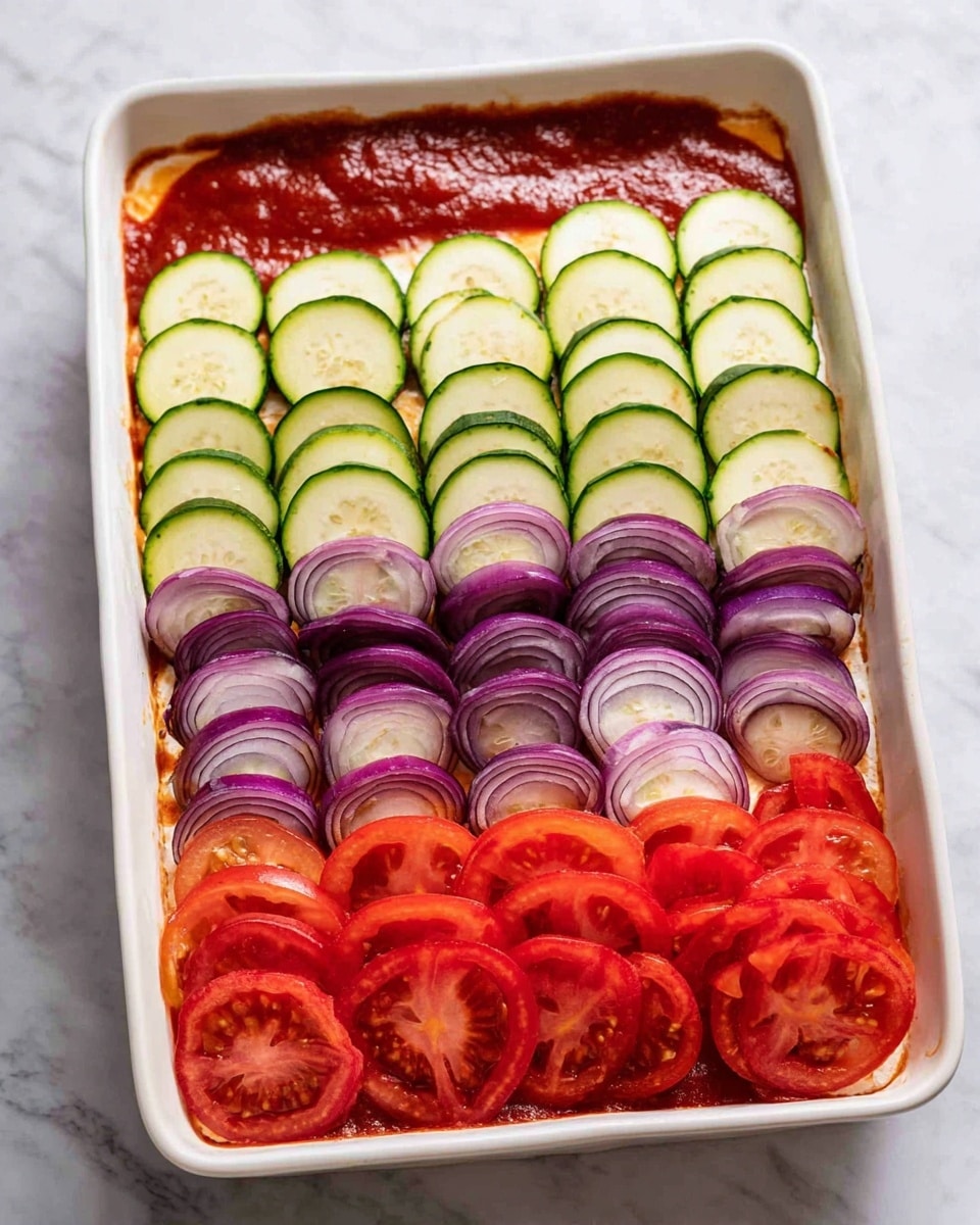 The image shows a white rectangular dish with a layer of red tomato sauce spread at the bottom, covering about half of the dish. On top of the sauce, there are three rows of thinly sliced vegetables neatly arranged: the first row closest to the sauce has light green round slices of zucchini; next to the zucchini, purple round slices of onion; and the last row has bright red round slices of tomato. The vegetables are cleanly cut and stand upright, creating a colorful and organized pattern. The dish sits on a white marbled surface. Photo taken with an iphone --ar 4:5 --v 7