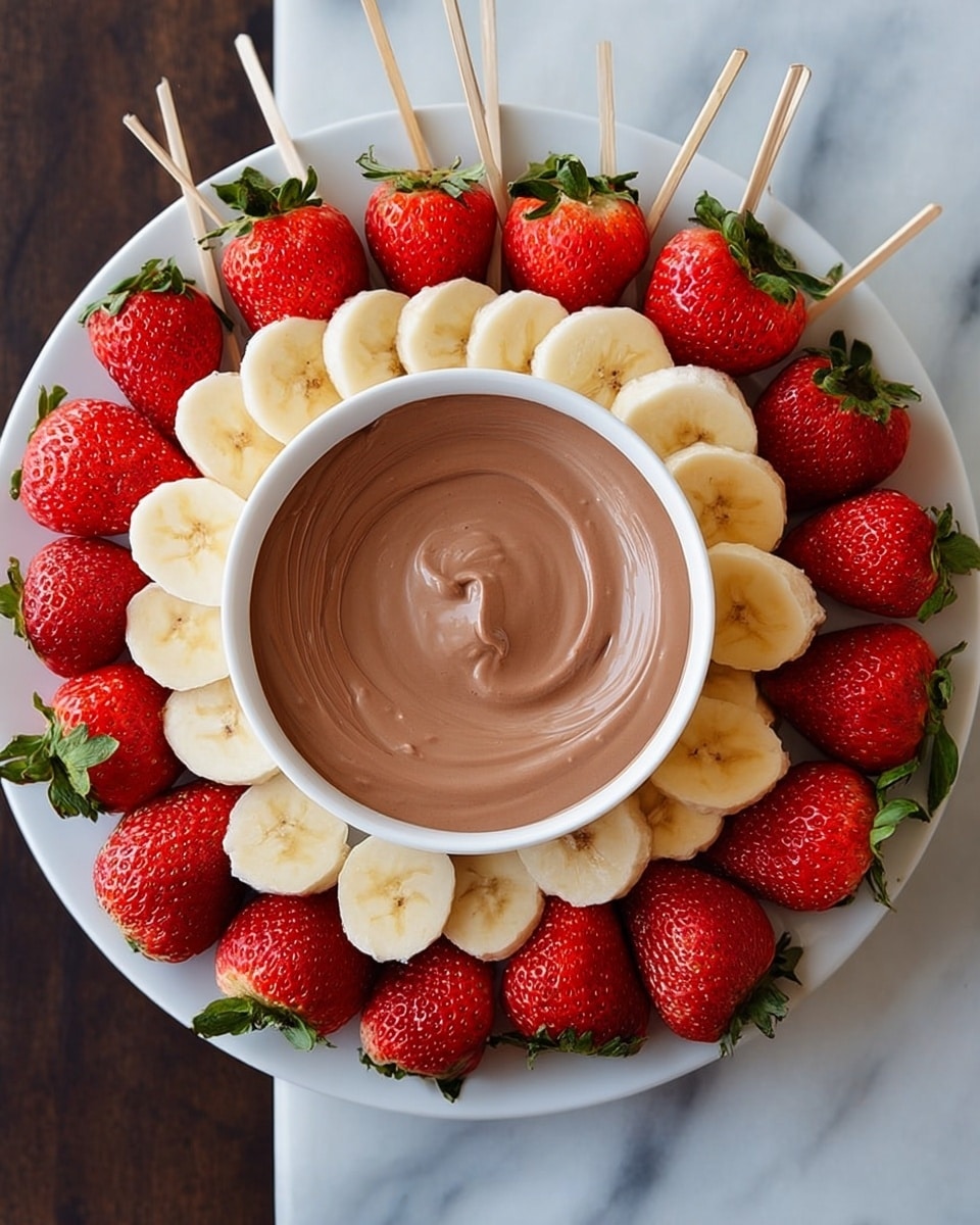 The image shows a white plate with a round white bowl in the center filled with smooth, swirled light brown chocolate dip. Around the bowl, there is a single layer of fresh, bright red strawberries with green leaves and light yellow banana slices arranged evenly in between the strawberries. The background is a white marbled texture, and there are a few wooden skewers placed above the plate. photo taken with an iphone --ar 4:5 --v 7