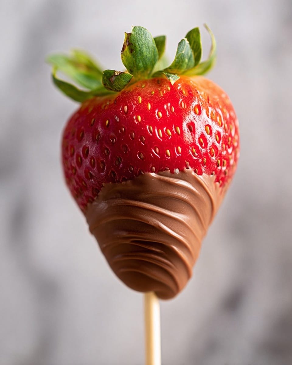 A close-up view of a bright red strawberry with green leaves at the top, partially dipped in smooth milk chocolate covering the bottom half. The strawberry is held upright by a light wooden stick inserted at the top center. The chocolate layer has a soft, creamy texture with small ridges and swirls, contrasting with the strawberry’s shiny, bumpy surface. The background is a white marbled texture. photo taken with an iphone --ar 4:5 --v 7