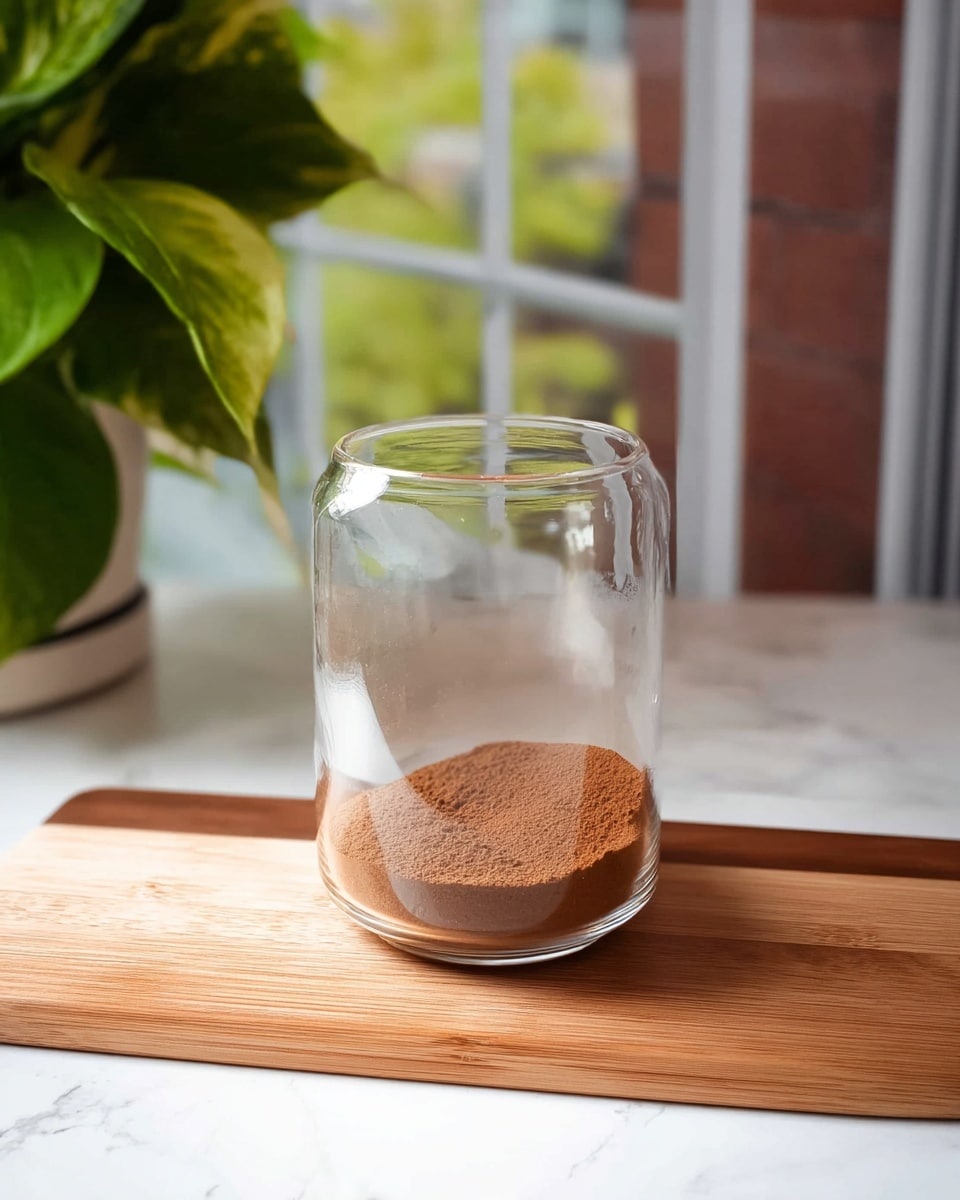 A clear glass container holds a small, even layer of fine brown powder at the bottom. The glass is placed on a wooden board with warm tones, all set against a white marbled surface background. In the blurred background, there is a green leafy plant on the left side and a window with white framing, showing a bright, nature-green outside view. The scene is softly lit with natural light. Photo taken with an iphone --ar 4:5 --v 7