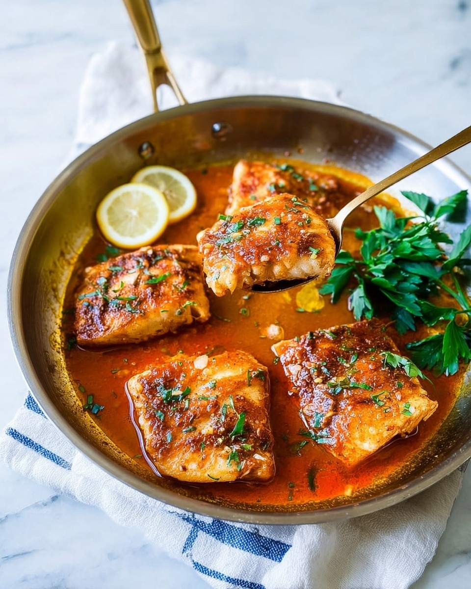 The image shows a metal frying pan with five pieces of golden-brown cooked fish fillets in a reddish-orange sauce, sprinkled with small green herbs. On the right side of the pan, there is a bunch of fresh green parsley. Three thin lemon slices lay on the left edge, partially resting in the sauce. A gold spoon is lifting one fillet slightly above the sauce. The pan sits on a white marbled surface with a white cloth that has blue stripes below it. The lighting highlights the shiny sauce and the texture of the cooked fish. photo taken with an iphone --ar 4:5 --v 7