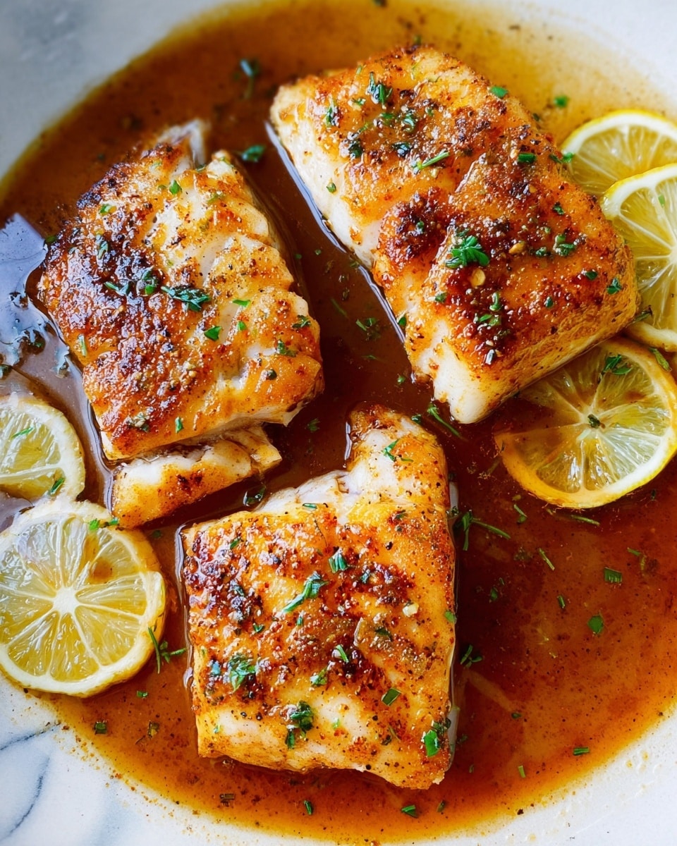 The image shows three pieces of cooked fish with a golden brown crust seasoned lightly with herbs and spices on top, sitting in a shallow pool of brown sauce inside a white pan. The fish pieces have a slightly flaky texture and are garnished with small green herb bits. Around the edges of the pan are thin lemon slices with a pale yellow color. The whole scene rests on a white marbled surface. photo taken with an iphone --ar 4:5 --v 7