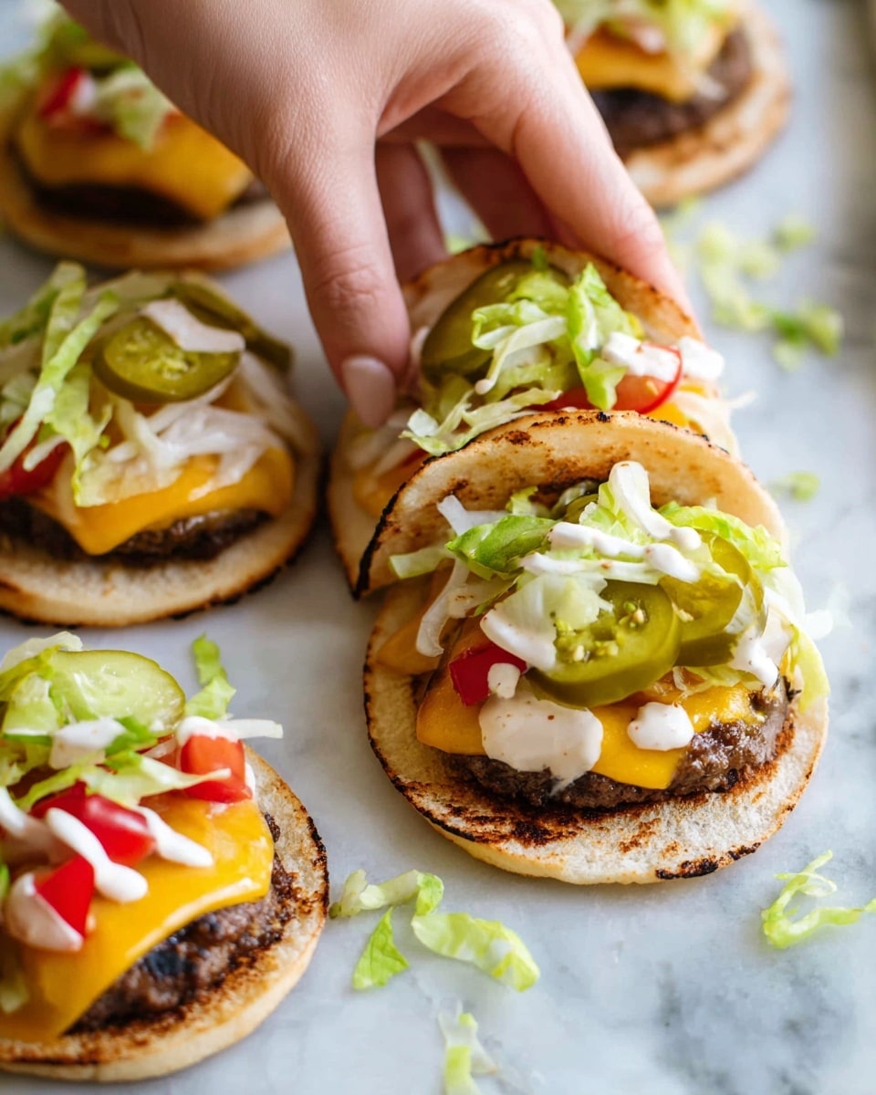 A close-up shot of mini burgers made with three layers: a light brown grilled bun as the base, topped with a dark brown grilled patty, and a bright yellow slice of melted cheese covering the patty. On top of the cheese is a layer of white sauce drizzled artistically, with green lettuce shreds, thin white onion slices, pickles, and small red tomato cubes adding fresh color. A woman's hand is holding one mini burger folded into a taco shape, showing the inside layers vividly. These mini burgers are placed on a white marbled surface with scattered bits of lettuce, onion, and tomato around them. photo taken with an iphone --ar 4:5 --v 7