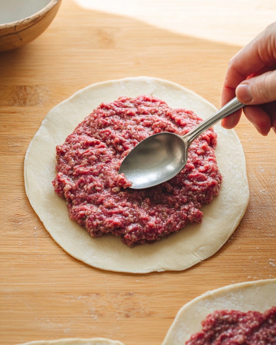 A single layer of flat, round dough sits on a light wooden surface, topped evenly with a spread of raw ground meat that has a rich red and pink color and slightly coarse texture. A woman's hand holds a metal spoon smoothing the meat layer flat, blending it close to the edges of the dough. Another similar dough piece is visible on the right side, laying plain. The setting has a warm, natural light feel with soft shadows. photo taken with an iphone --ar 4:5 --v 7