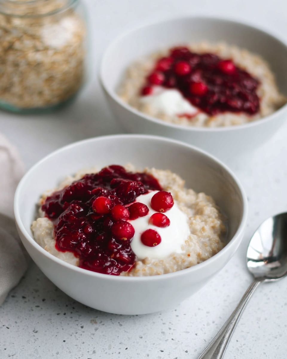Two white bowls hold a creamy beige porridge base with a smooth texture. On top of the porridge, one half of each bowl is covered with thick, deep red berry sauce that looks chunky and glossy. Next to this sauce is a dollop of white cream, soft and smooth. Bright red whole berries are scattered near the edge of the sauce, adding small pops of color and texture. The bowls rest on a table with a white marbled texture, with a silver spoon nearby and a blurred jar filled with oats in the background. Photo taken with an iphone --ar 4:5 --v 7