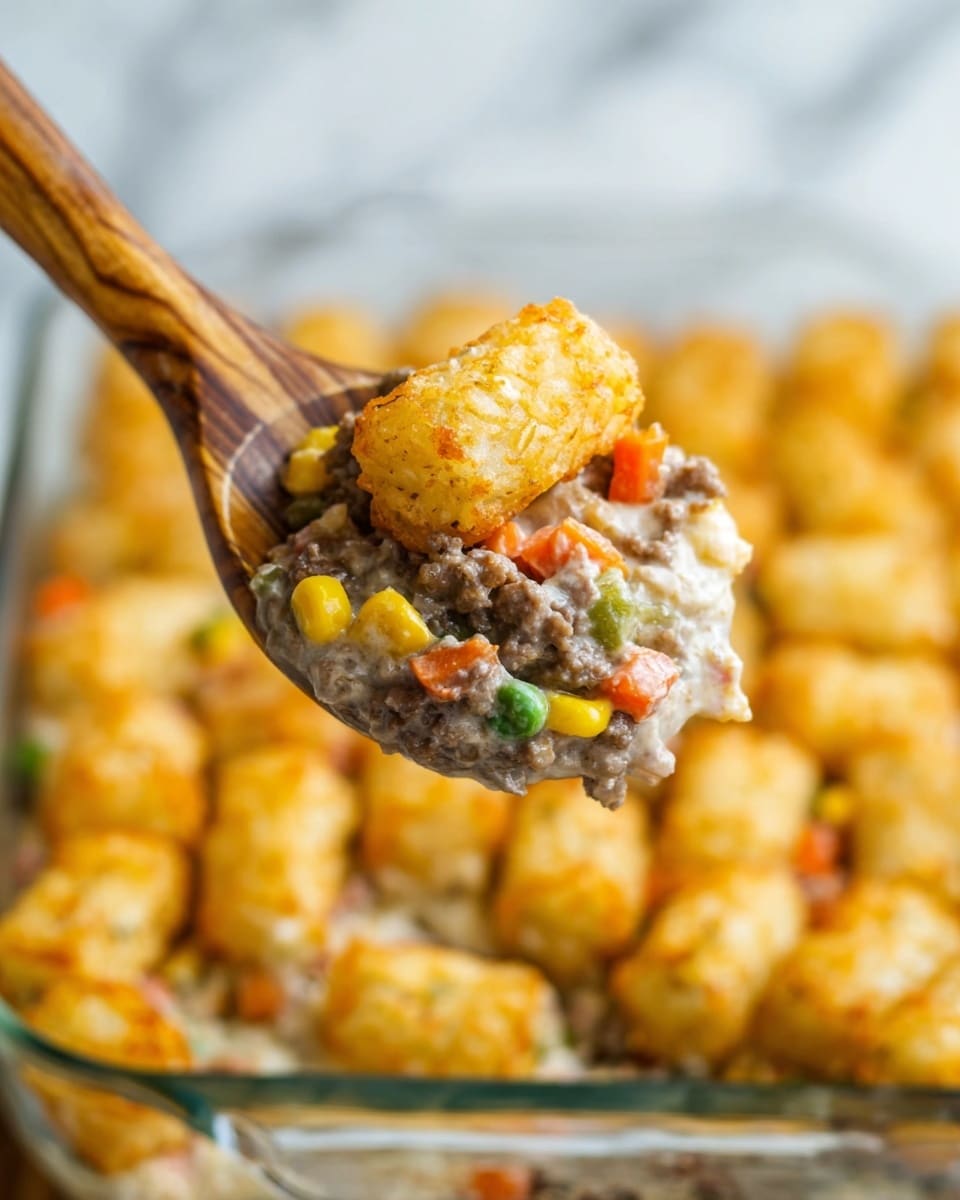 A close-up view of a wooden spoon holding a layered mixture of ground meat in a creamy sauce with small pieces of diced carrots, onions, corn, and green vegetables. On top of the spoonful, there are golden-brown tater tots that have a slightly crispy texture. In the background, a glass baking dish filled with more golden-brown tater tots is visible, all set against a white marbled surface. The image has warm lighting and a homely, comforting feel. photo taken with an iphone --ar 4:5 --v 7