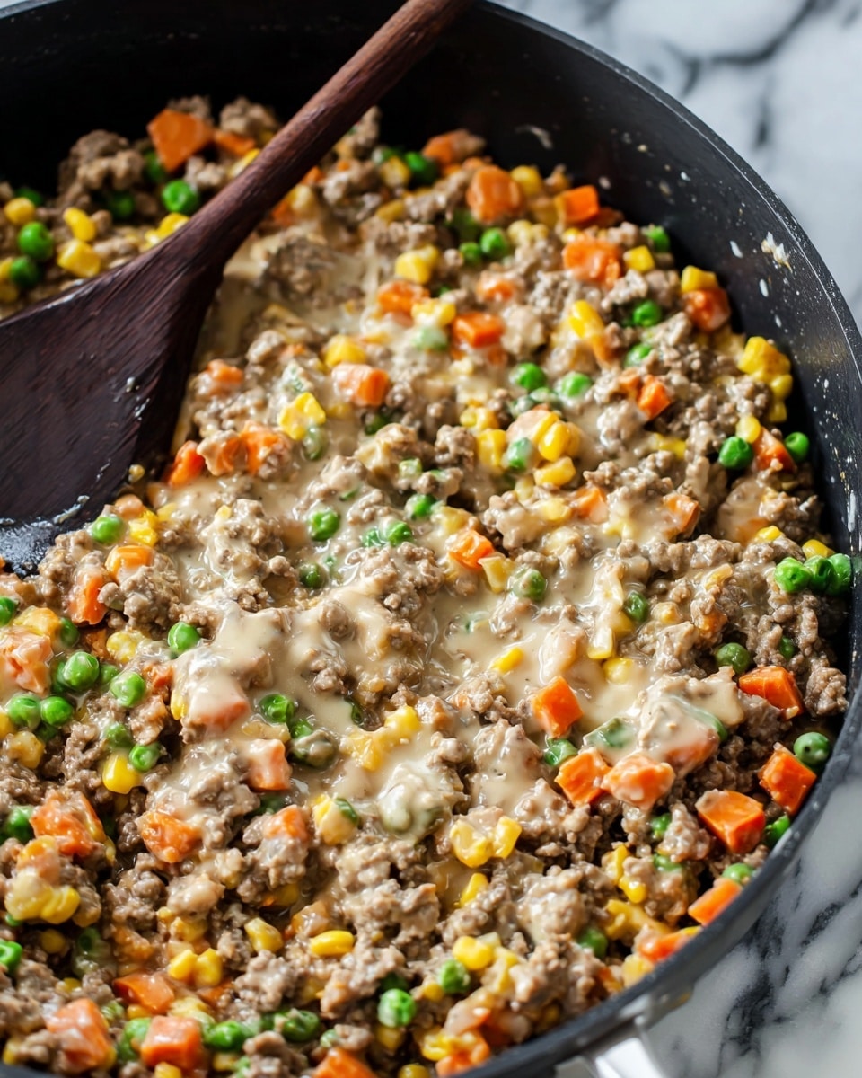 The image shows a close-up of a mixed dish in a black pan, filled with multiple layers of ingredients. The bottom layer is made of cooked ground meat, which is brown and crumbly. Mixed throughout the meat are small pieces of orange carrots, bright yellow corn, and green peas, adding color and texture. The whole mix is covered with a creamy, light beige sauce that lightly coats all the ingredients, making the dish look moist and rich. A dark brown wooden spoon is partially visible on the left side, resting in the pan. The scene is set on a white marbled surface. photo taken with an iphone --ar 4:5 --v 7